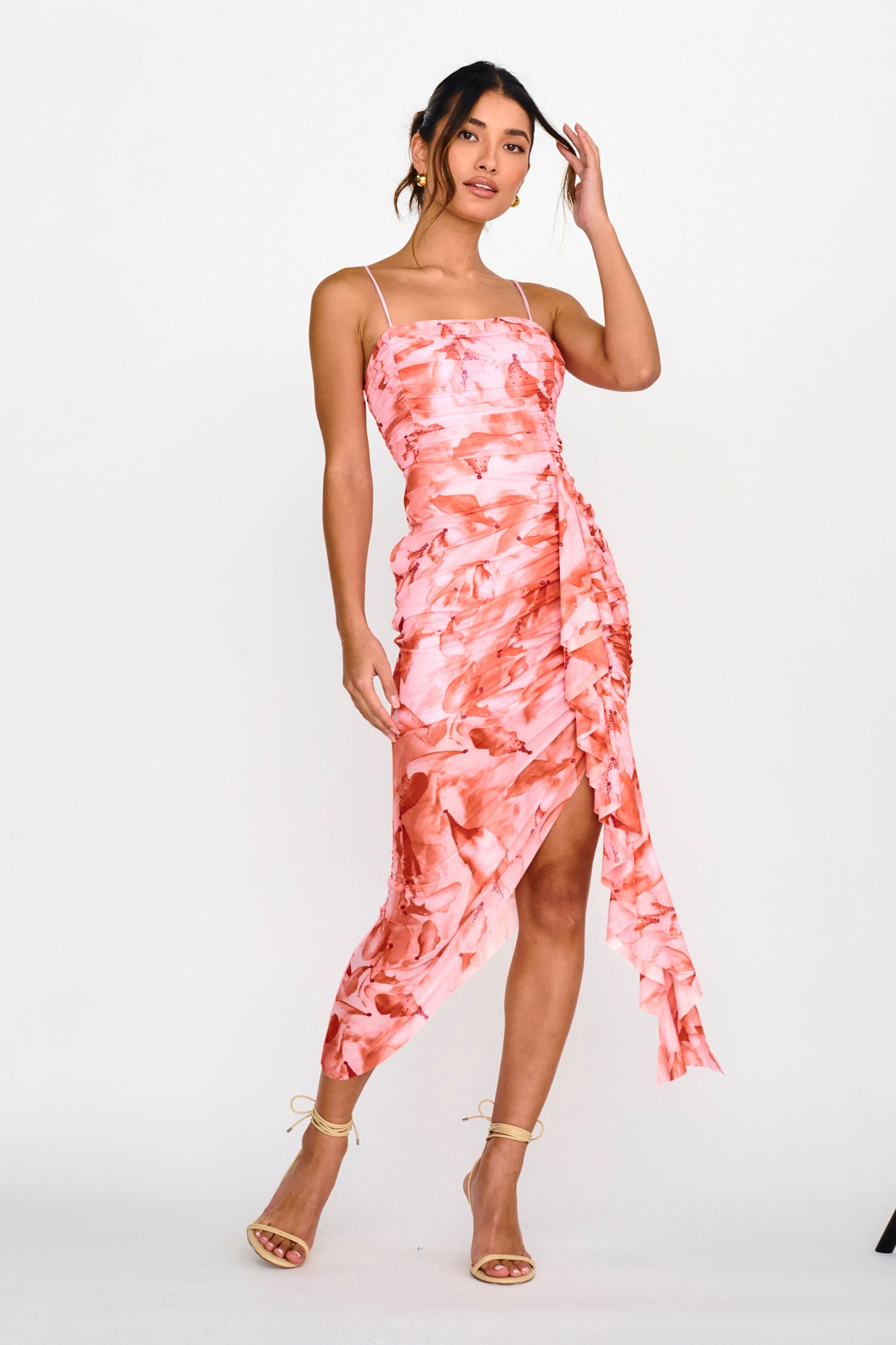 Your Destiny Ruched Asymmetrical Hem Dress Pink by Selfie Leslie Australia