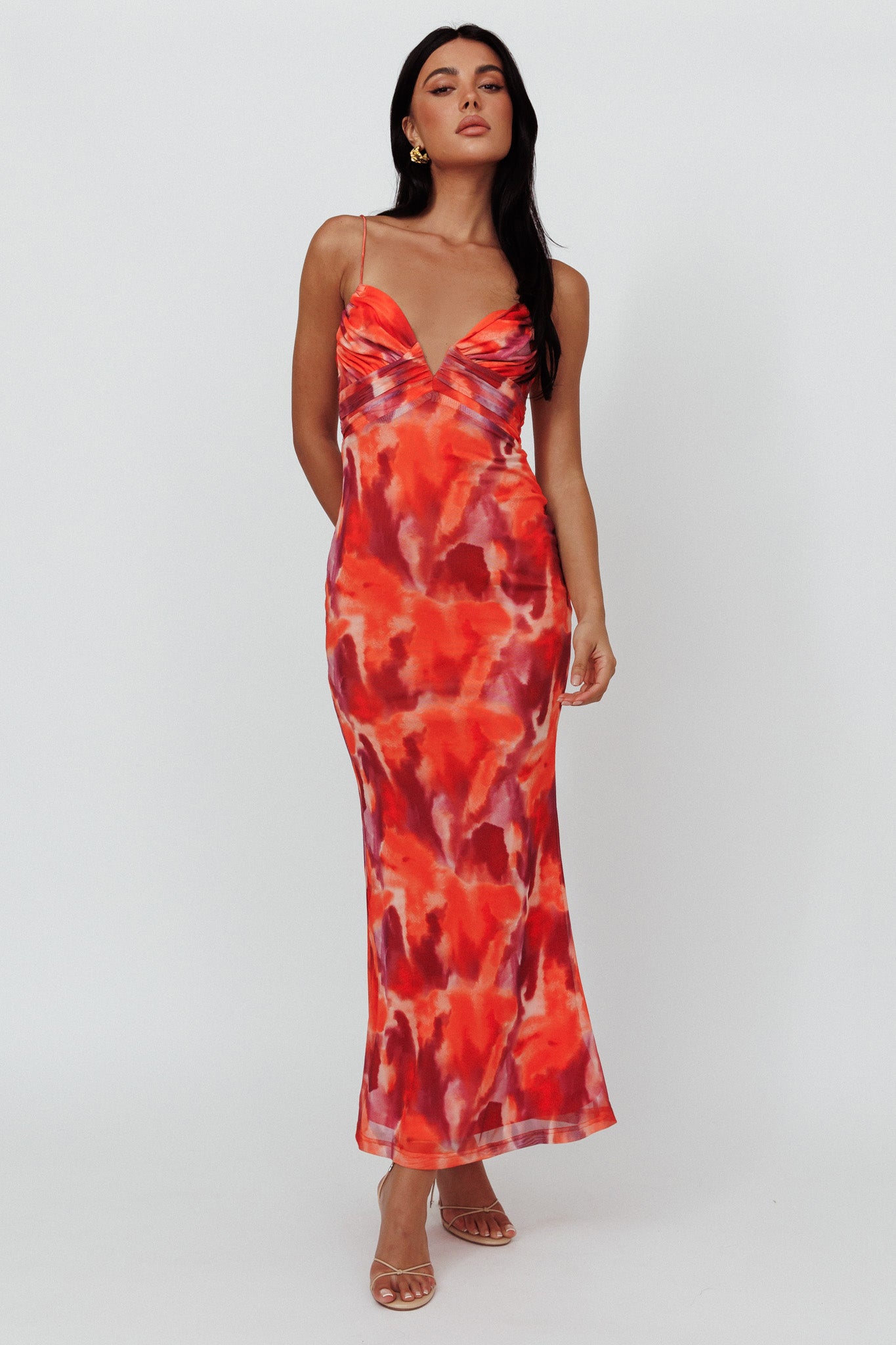 Marrakesh Gathered Bust Maxi Dress Print Orange by Selfie Leslie Australia