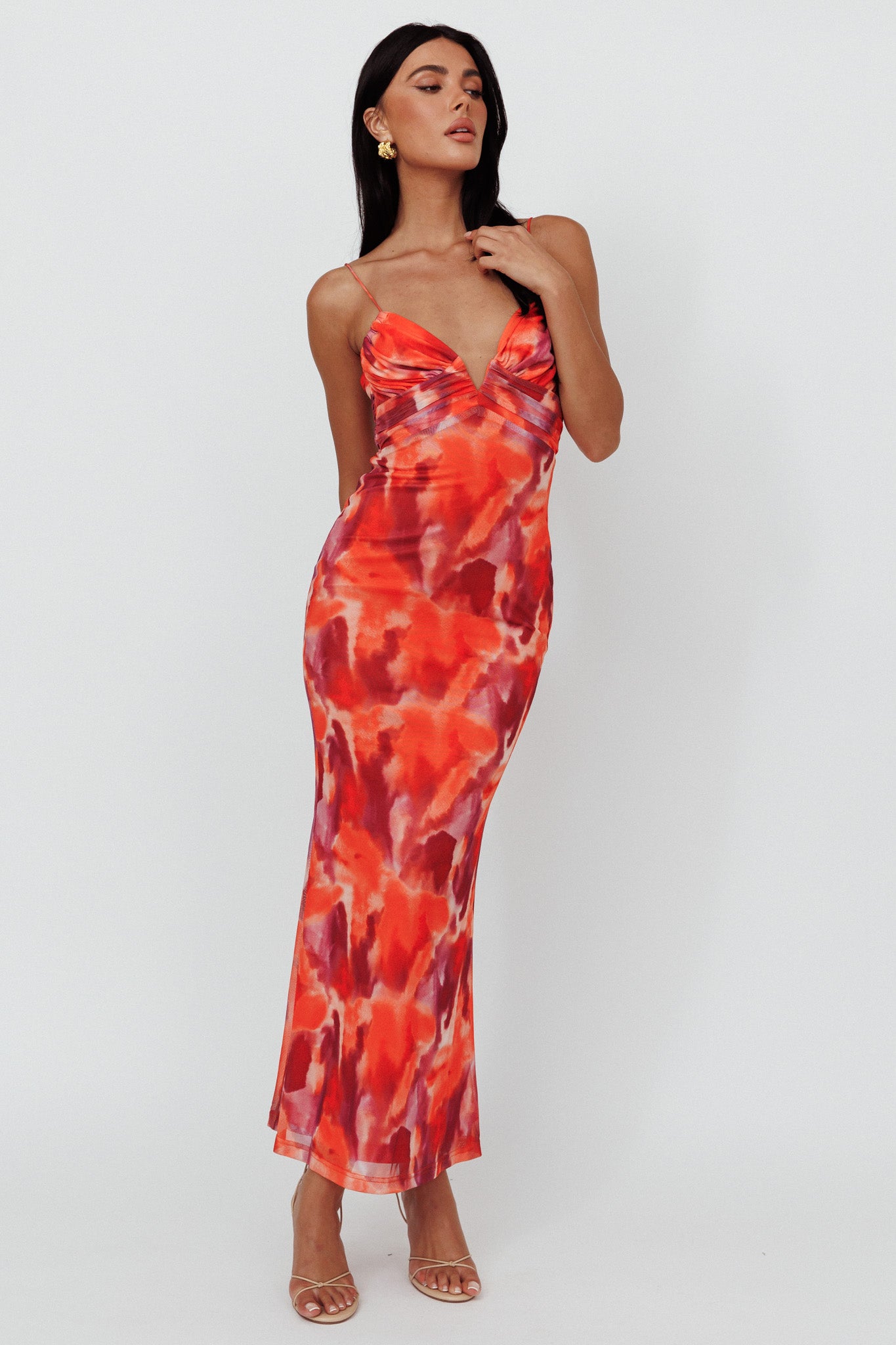 Marrakesh Gathered Bust Maxi Dress Print Orange by Selfie Leslie Australia
