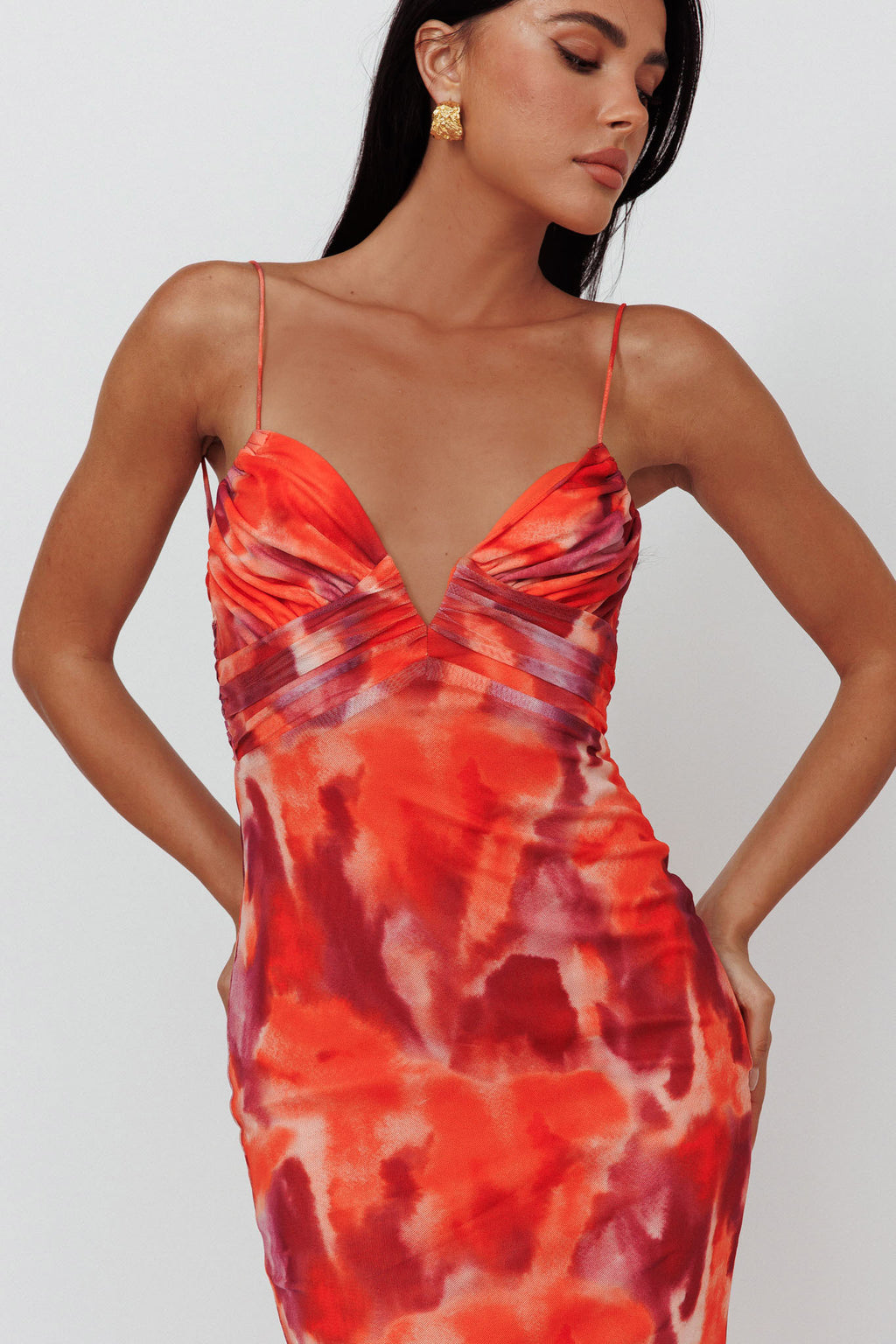 Marrakesh Gathered Bust Maxi Dress Print Orange by Selfie Leslie Australia