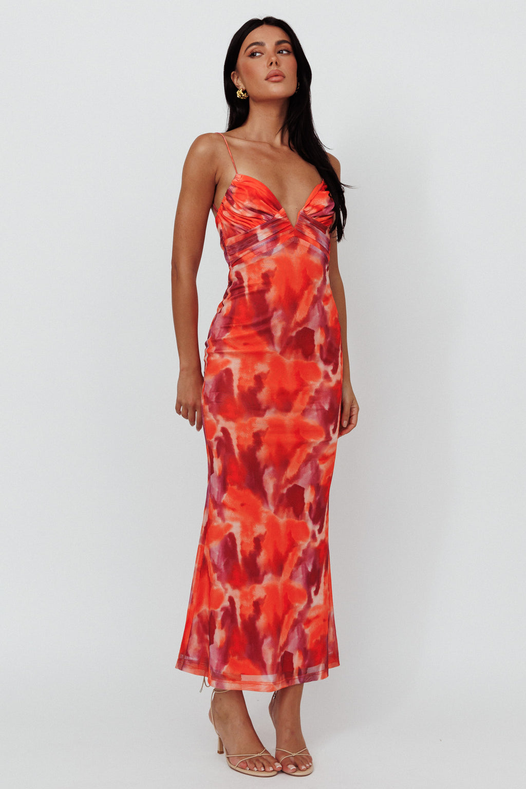 Marrakesh Gathered Bust Maxi Dress Print Orange by Selfie Leslie Australia