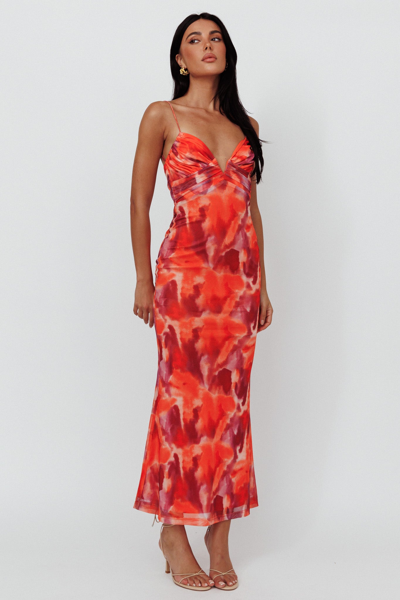 Marrakesh Gathered Bust Maxi Dress Print Orange by Selfie Leslie Australia