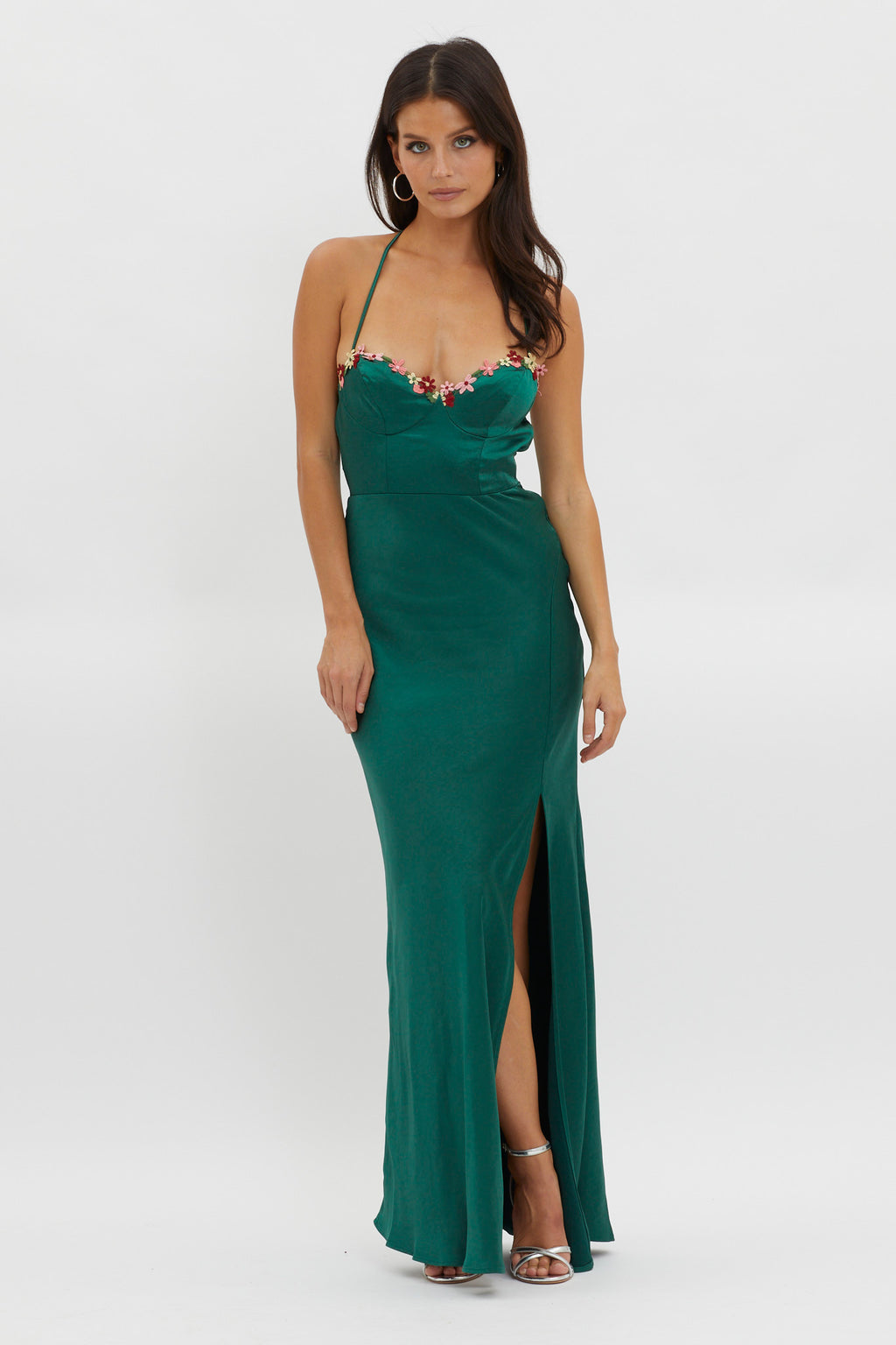 Bonsoir Floral Embroidery Trim Maxi Dress Forest Green by Selfie Leslie Australia