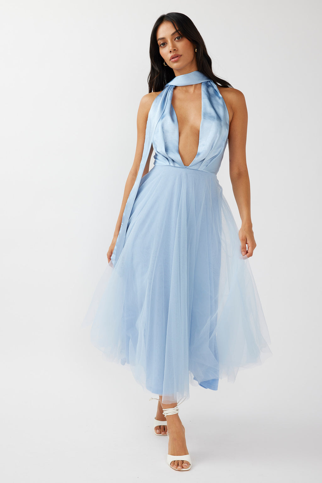 Darci Plunging Neckline Tulle Midi Dress Blue by Selfie Leslie Australia