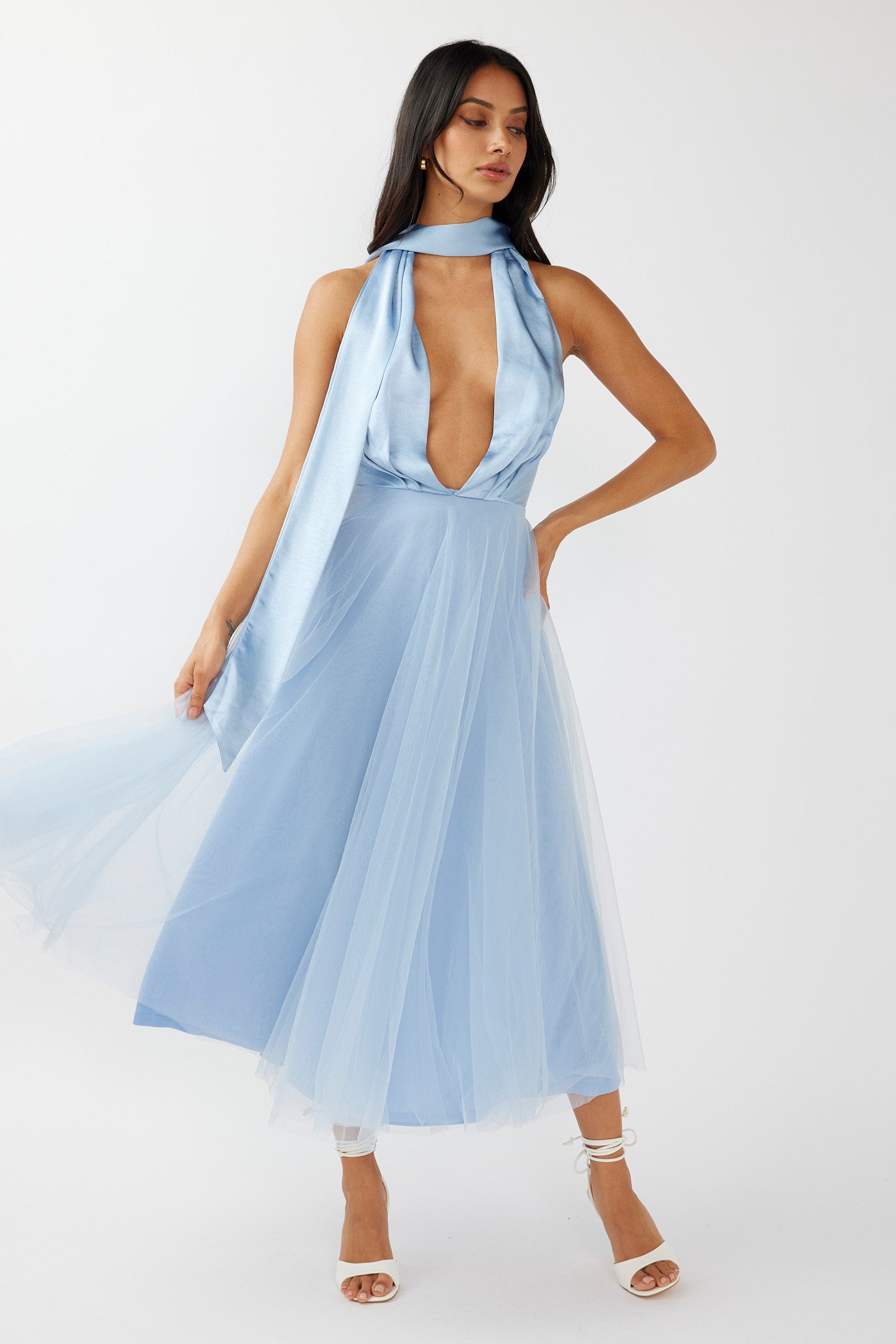 Darci Plunging Neckline Tulle Midi Dress Blue by Selfie Leslie Australia