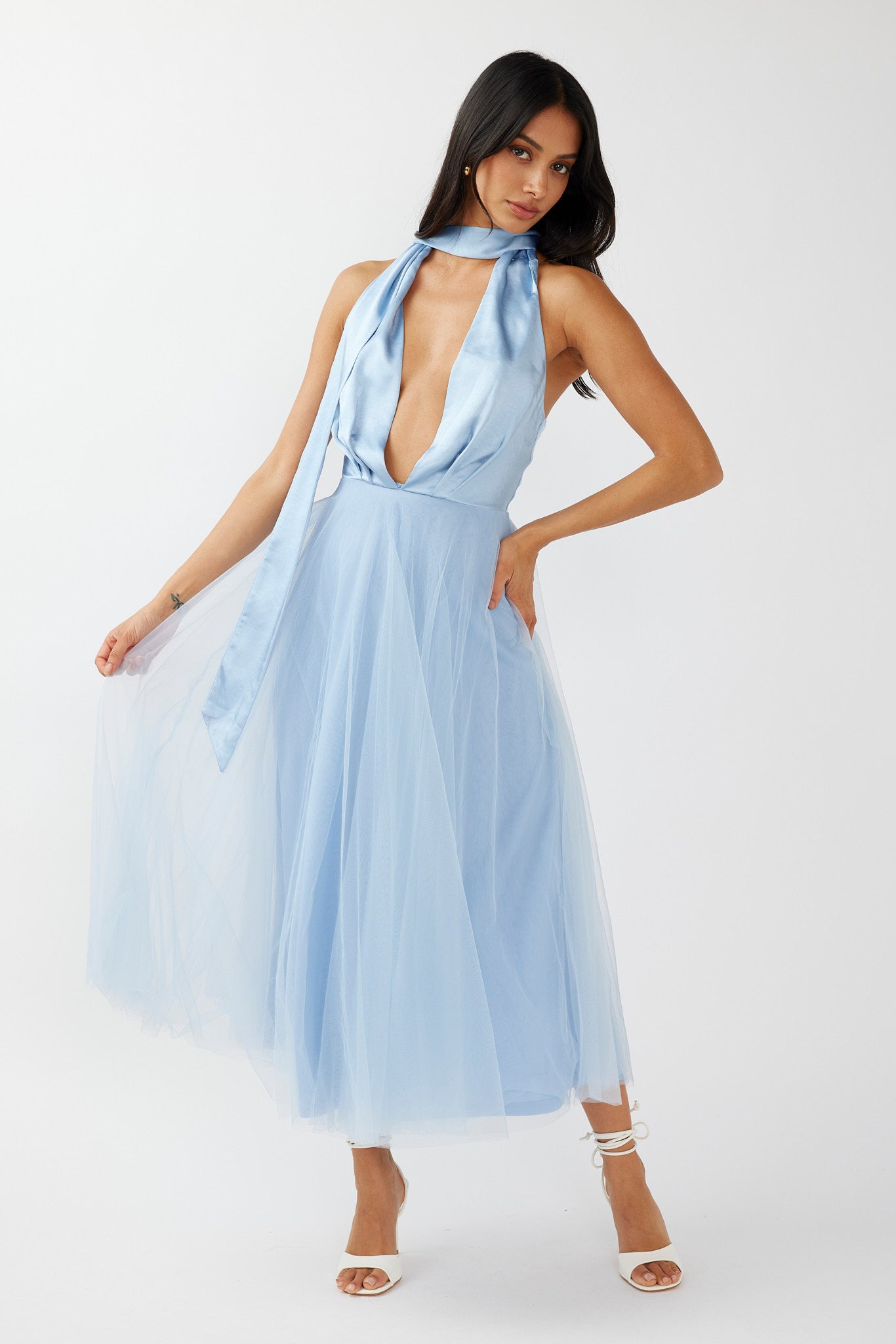 Darci Plunging Neckline Tulle Midi Dress Blue by Selfie Leslie Australia