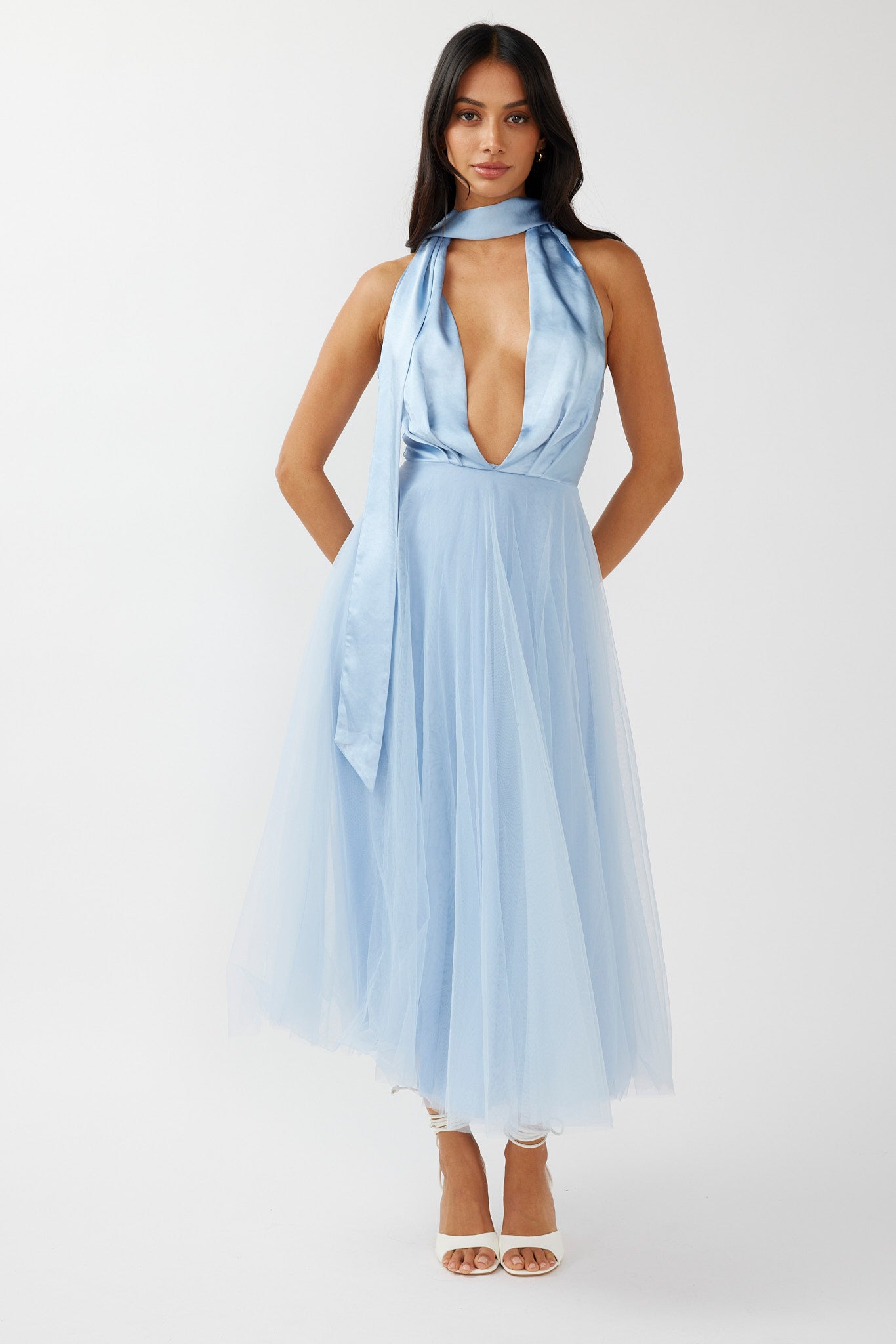 Darci Plunging Neckline Tulle Midi Dress Blue by Selfie Leslie Australia