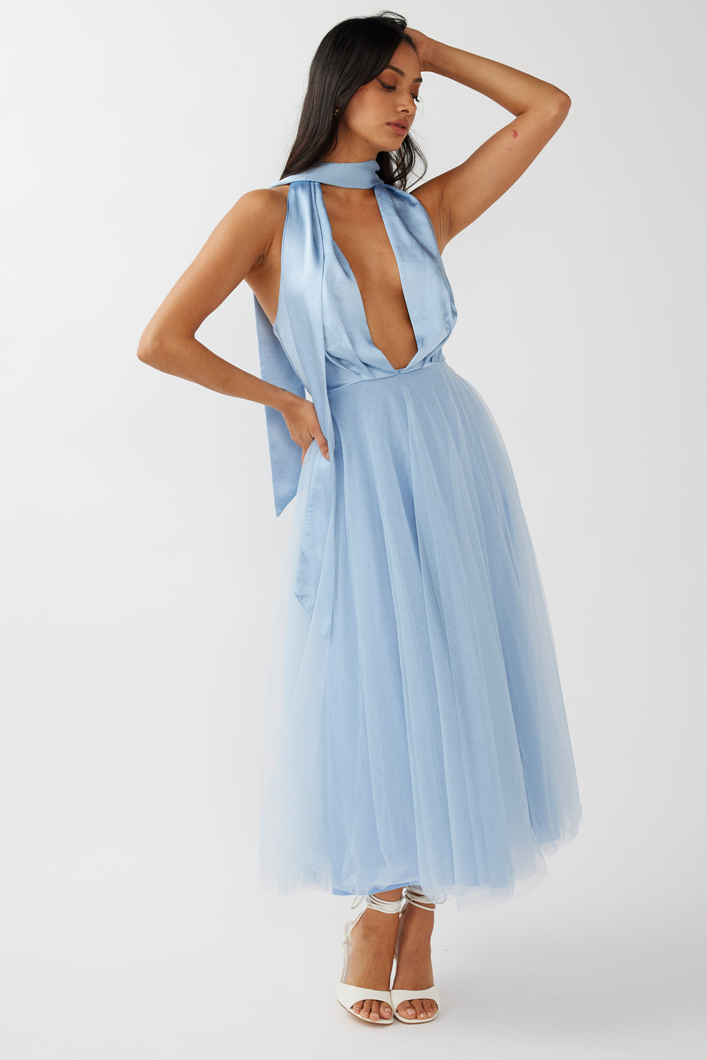 Darci Plunging Neckline Tulle Midi Dress Blue by Selfie Leslie Australia