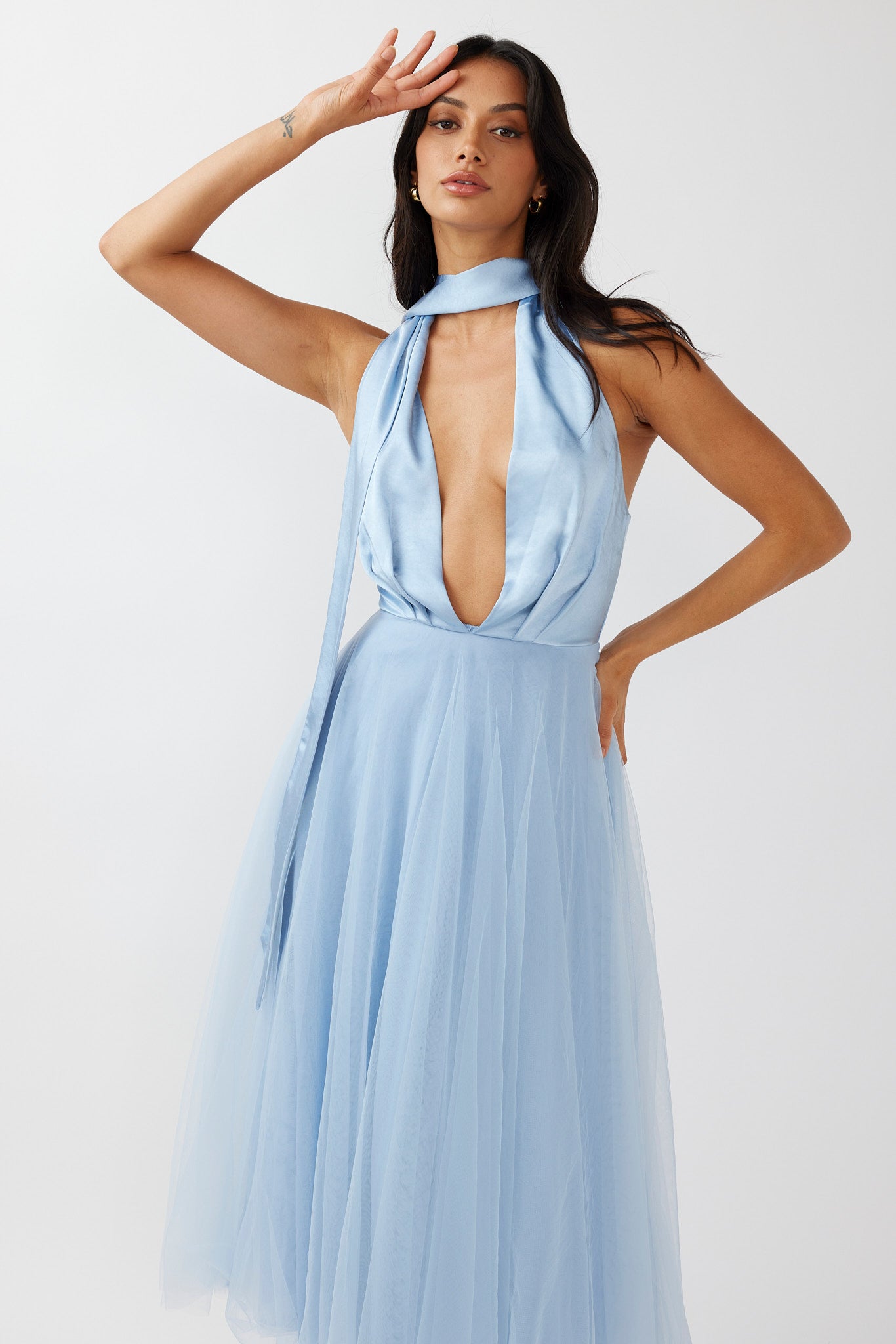 Darci Plunging Neckline Tulle Midi Dress Blue by Selfie Leslie Australia