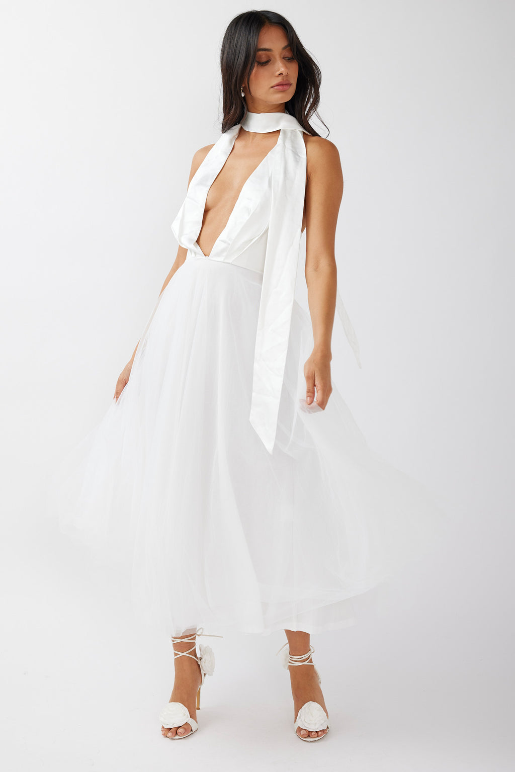 Darci Plunging Neckline Tulle Midi Dress White by Selfie Leslie Australia