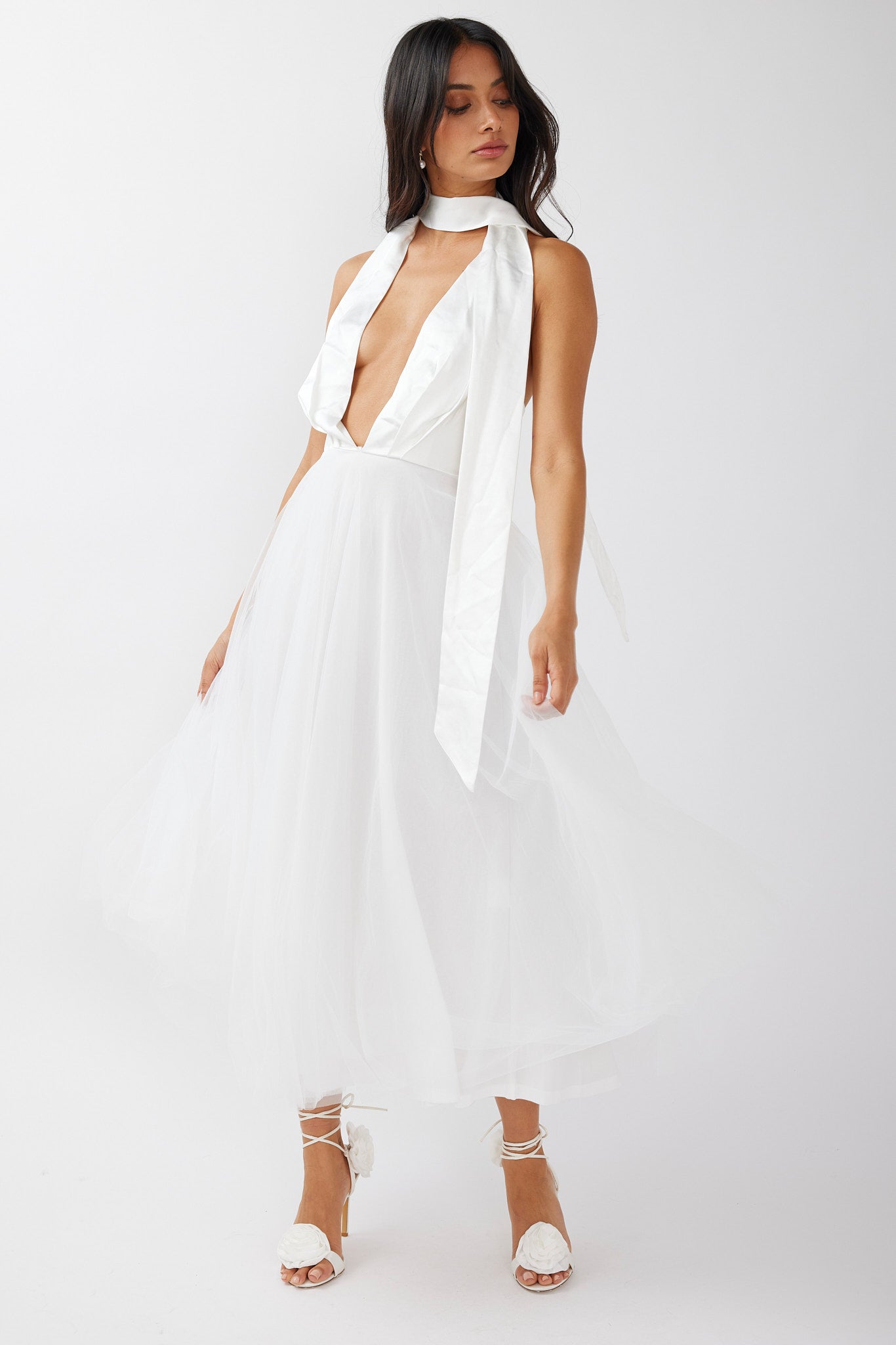 Darci Plunging Neckline Tulle Midi Dress White by Selfie Leslie Australia
