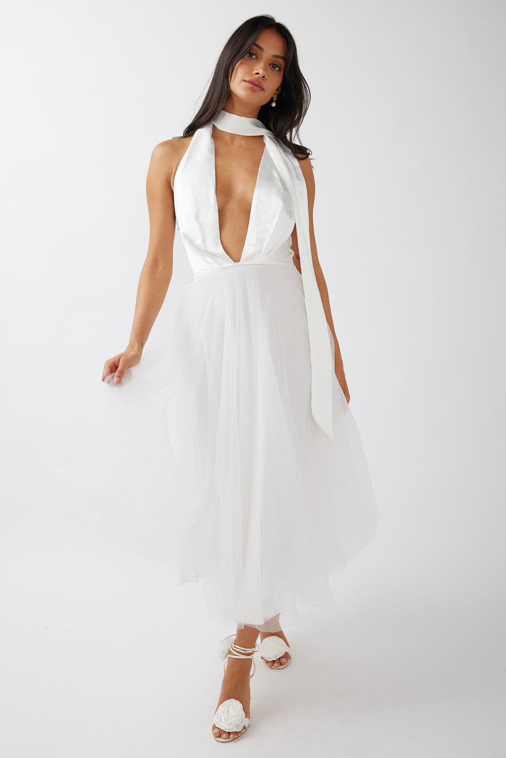 Darci Plunging Neckline Tulle Midi Dress White by Selfie Leslie Australia