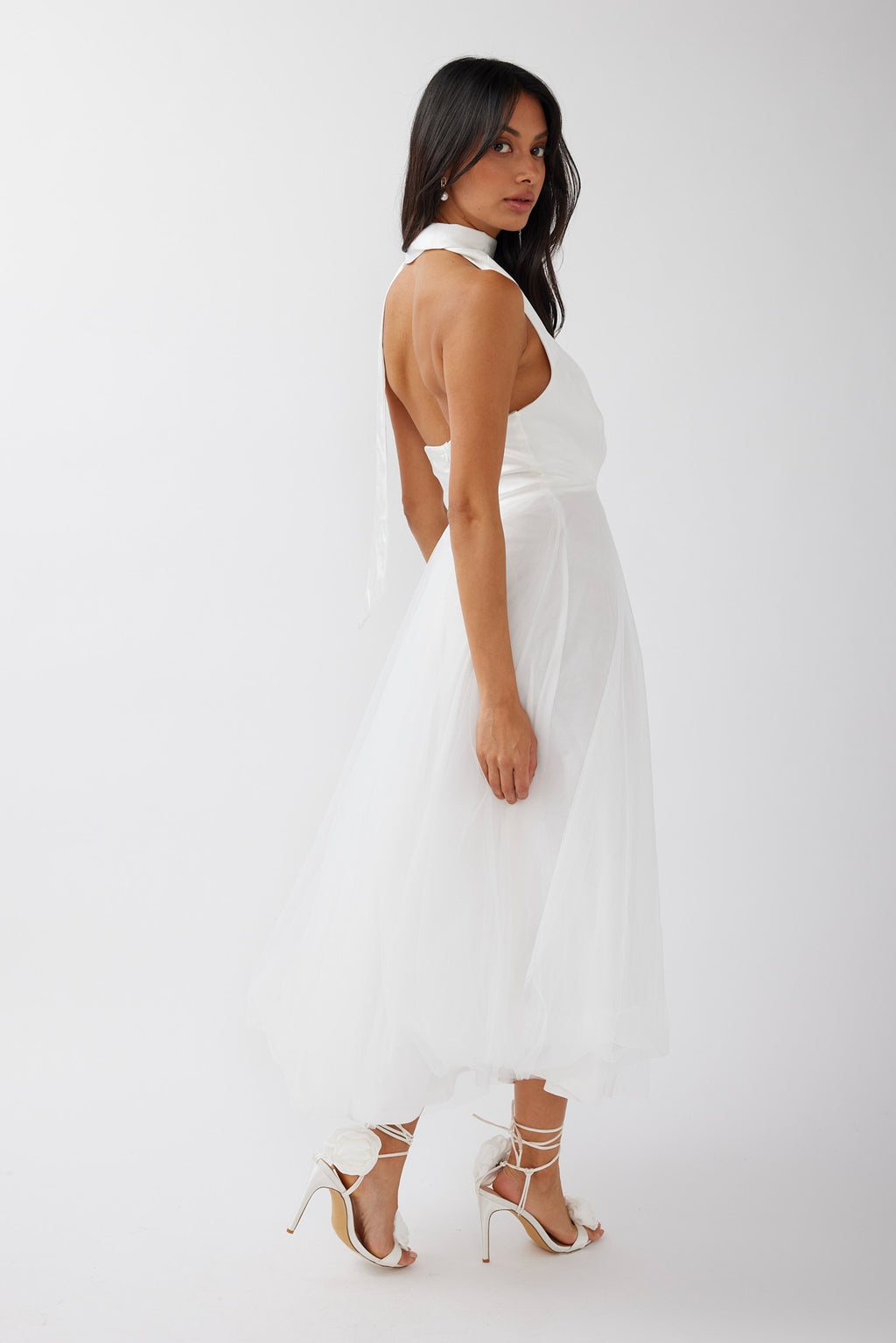Darci Plunging Neckline Tulle Midi Dress White by Selfie Leslie Australia
