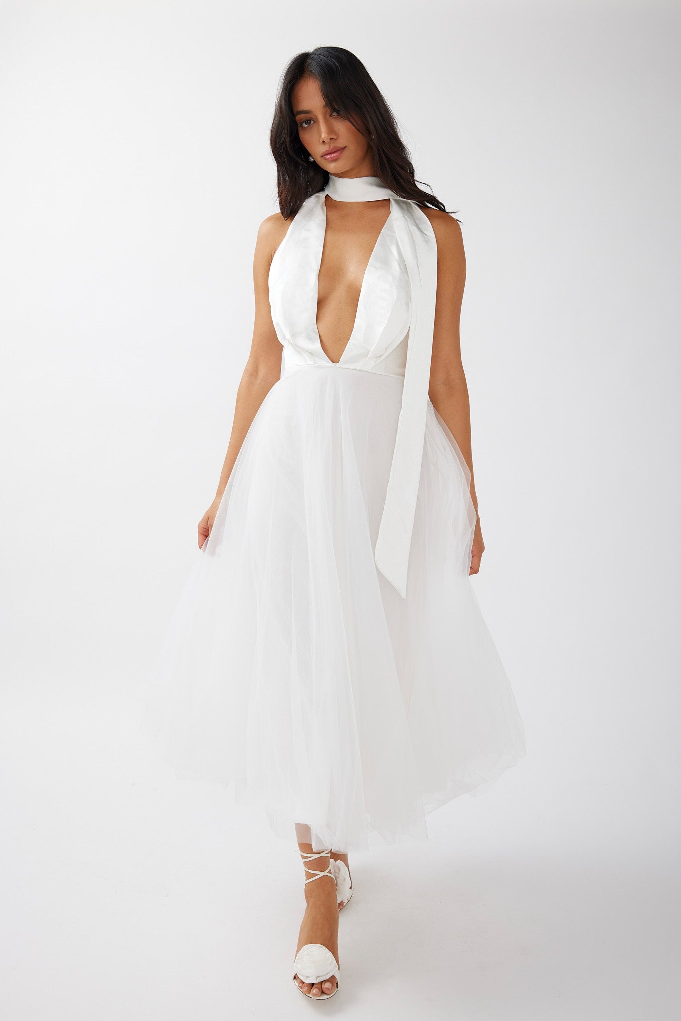 Darci Plunging Neckline Tulle Midi Dress White by Selfie Leslie Australia