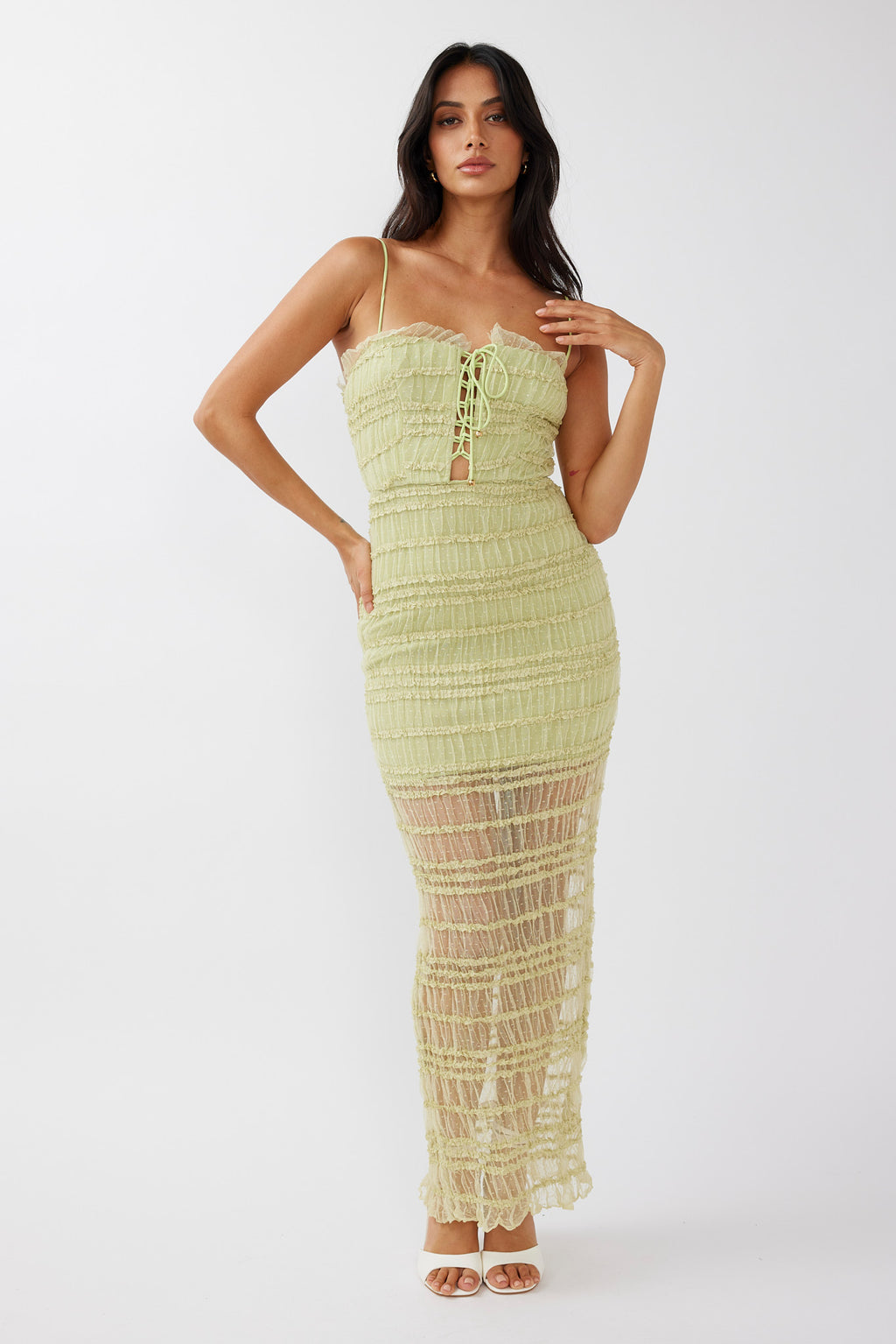 Wander & Roam Frill Trim Lace Dress Matcha by Selfie Leslie Australia