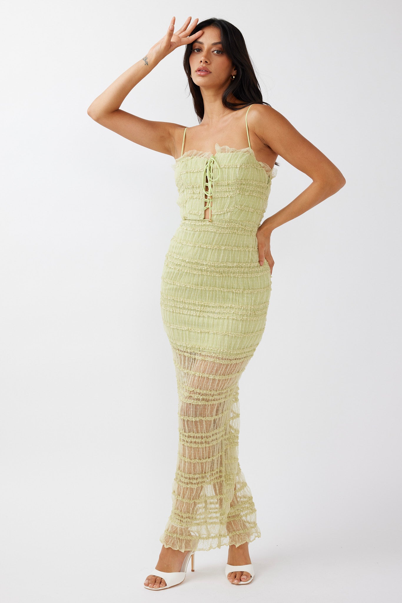 Wander & Roam Frill Trim Lace Dress Matcha by Selfie Leslie Australia