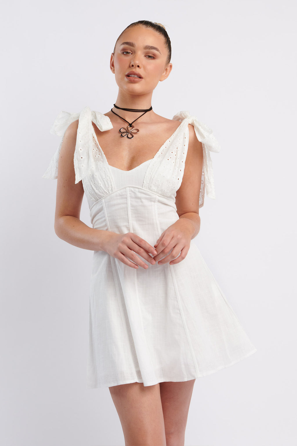 Kellie Bow Shoulder Mini Dress White by Selfie Leslie Australia