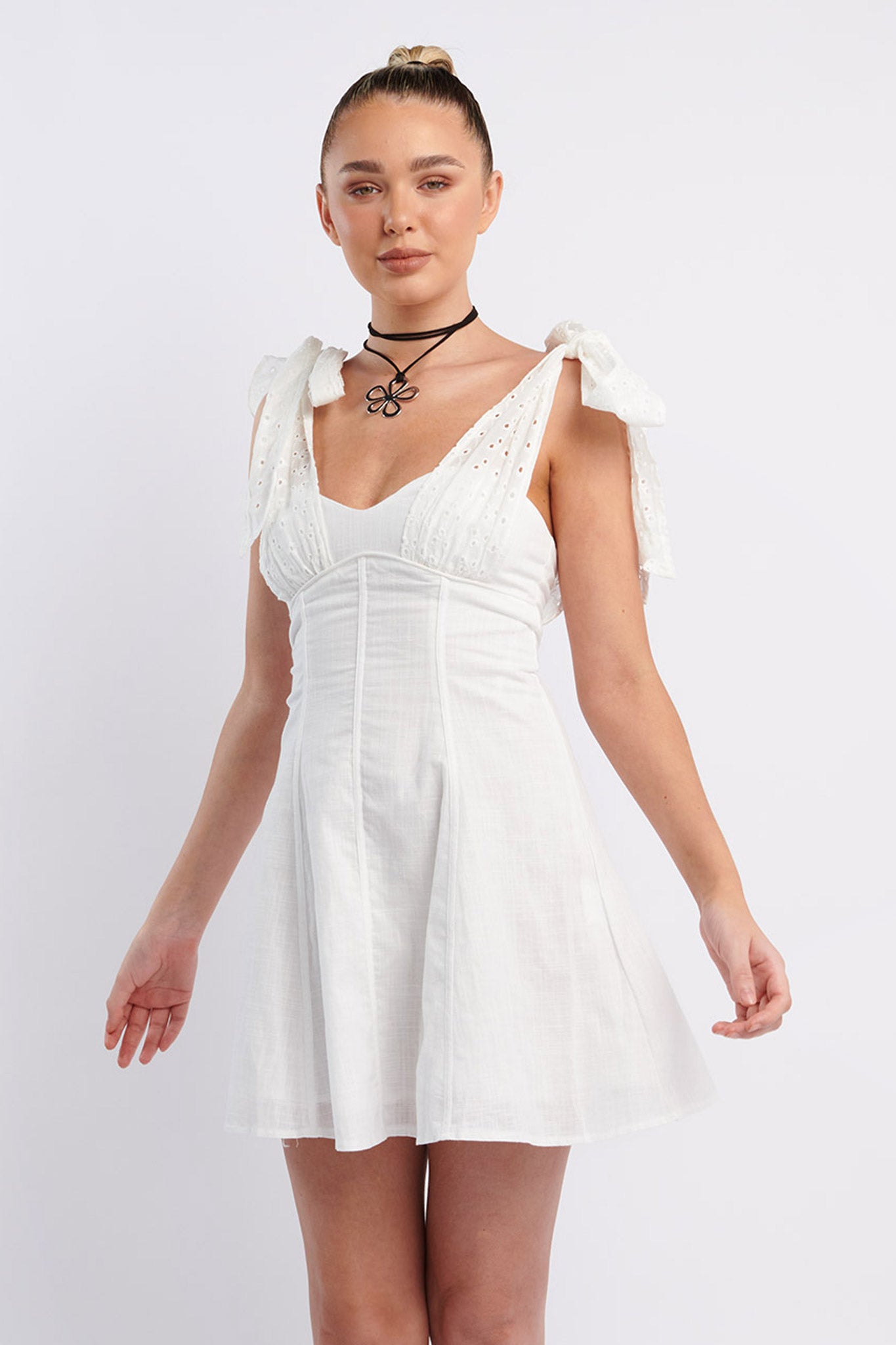 Kellie Bow Shoulder Mini Dress White by Selfie Leslie Australia