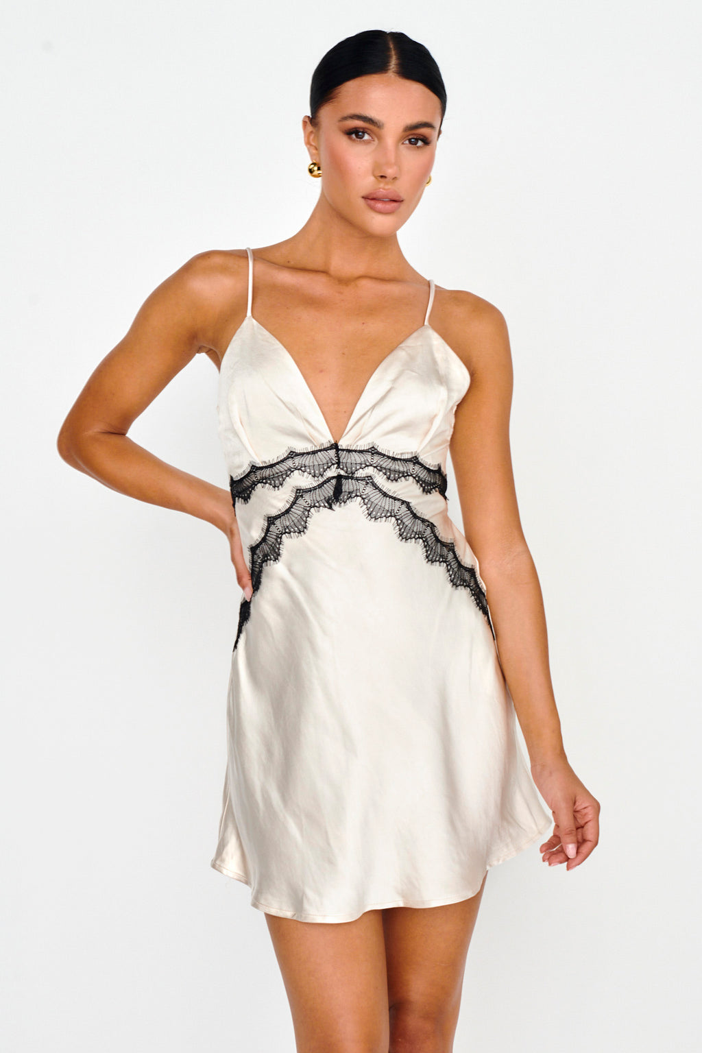 Theriz Lace Trim Cami Mini Dress Champagne by Selfie Leslie Australia