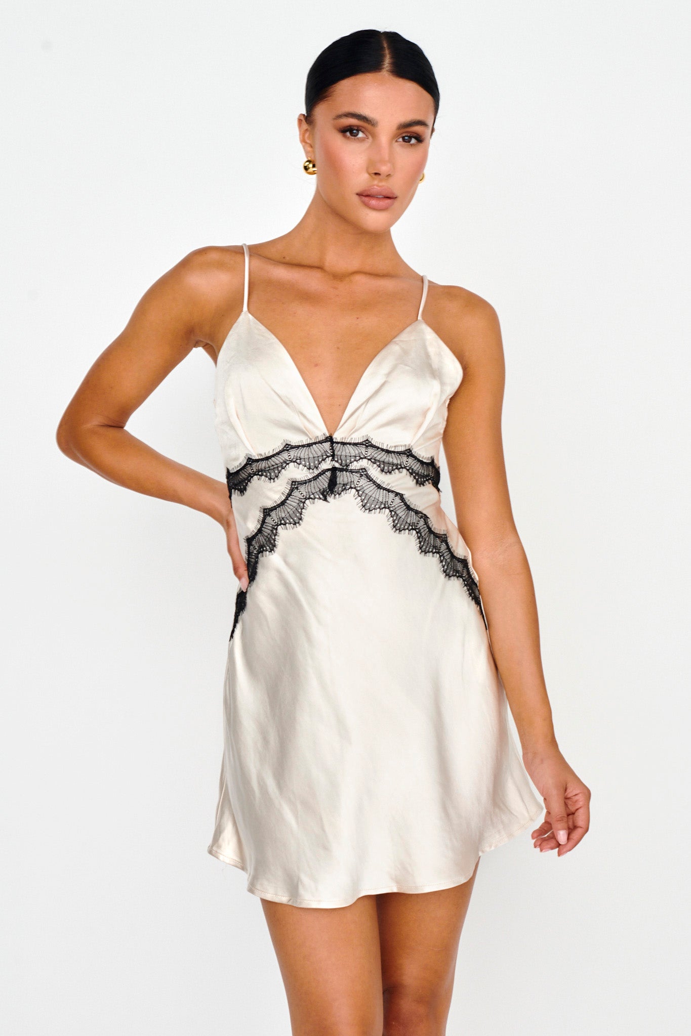 Theriz Lace Trim Cami Mini Dress Champagne by Selfie Leslie Australia