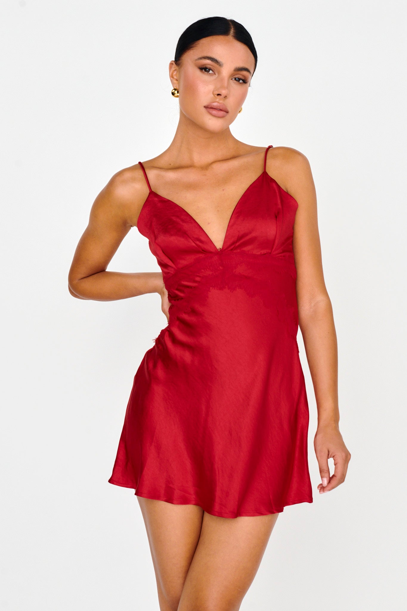 Theriz Lace Trim Cami Mini Dress Red by Selfie Leslie Australia