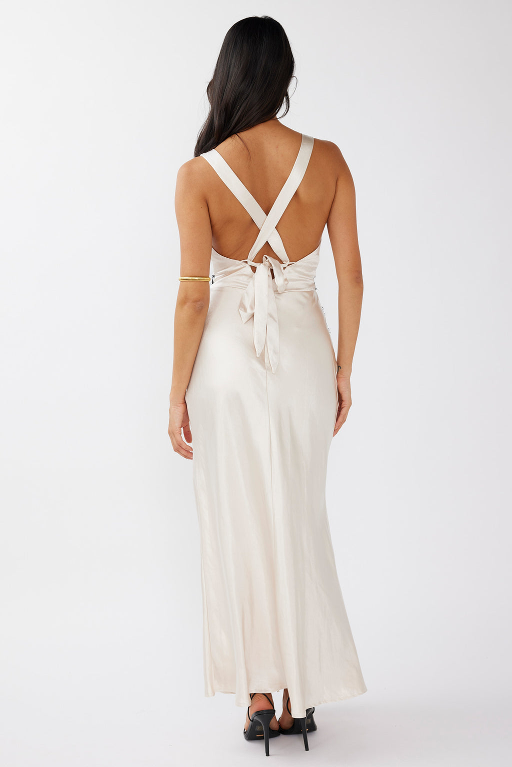 Theriz Lace Trim Tied Back Maxi Dress Champagne by Selfie Leslie Australia