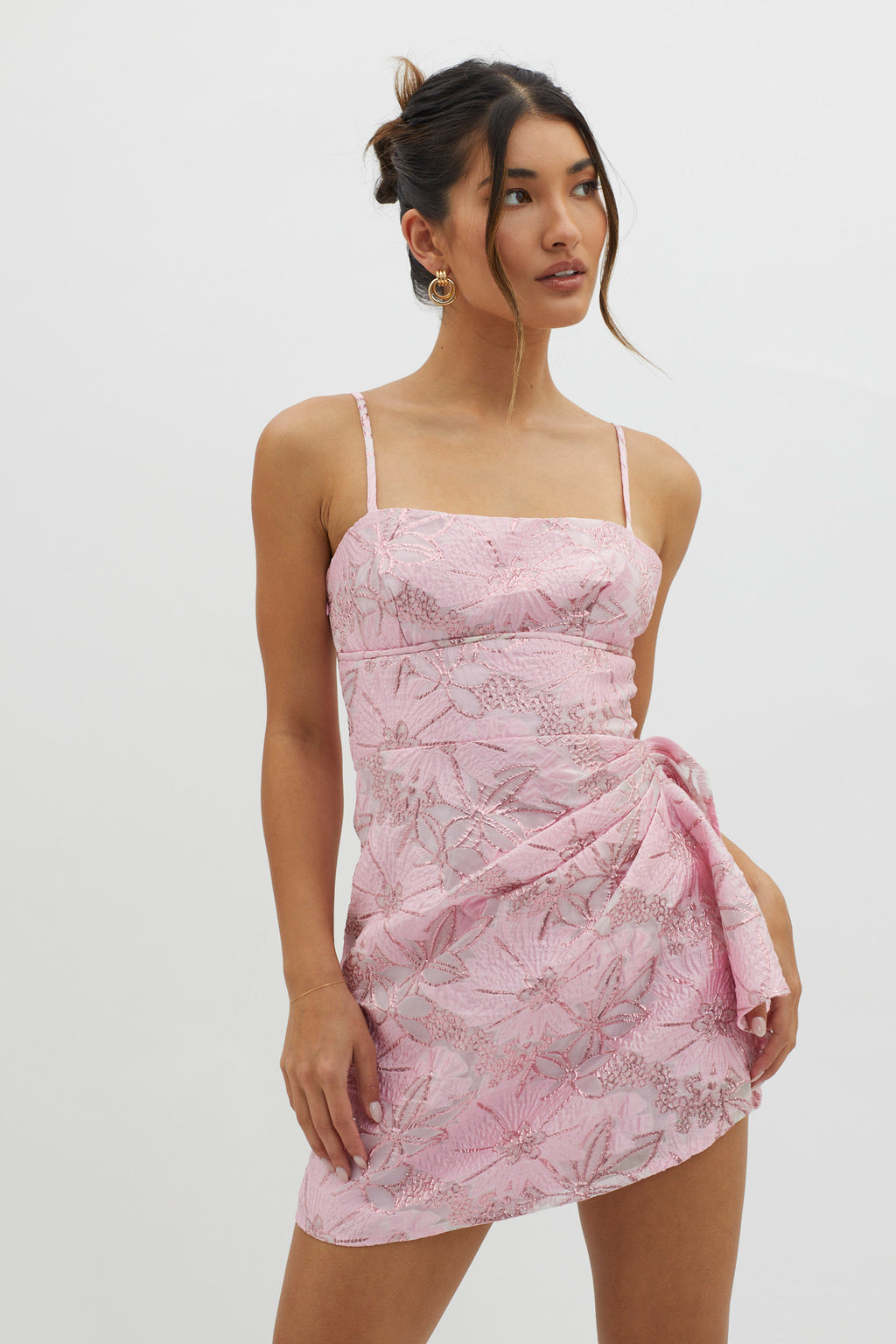 Sterling Gathered Waist Embroidery Mini Dress Pink by Selfie Leslie Australia
