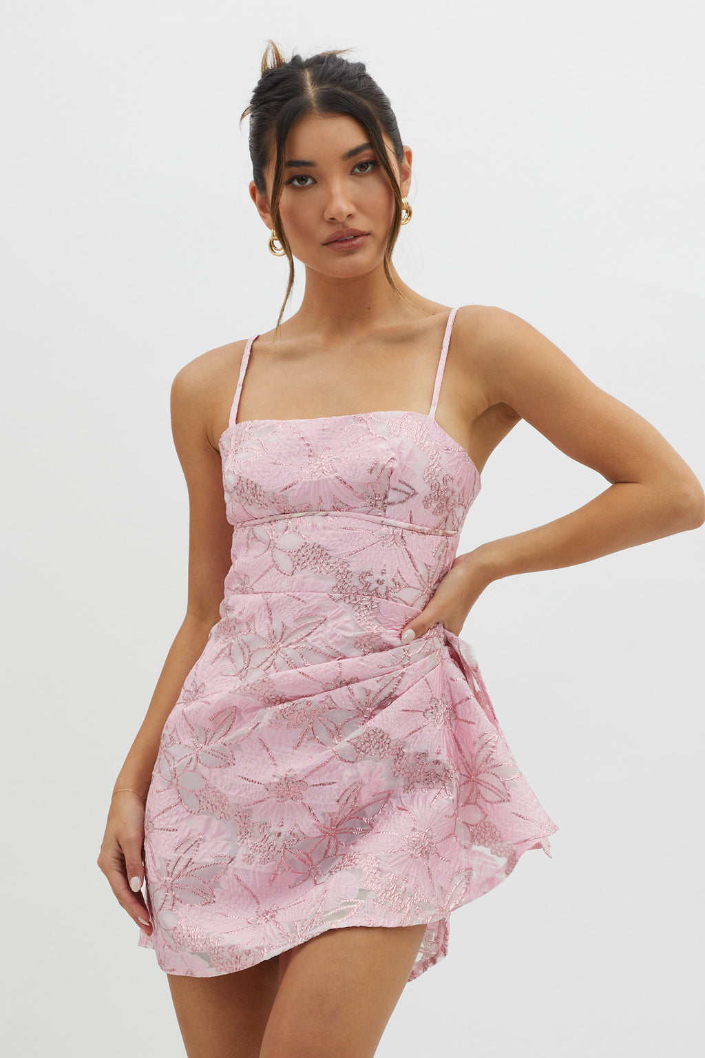 Sterling Gathered Waist Embroidery Mini Dress Pink by Selfie Leslie Australia
