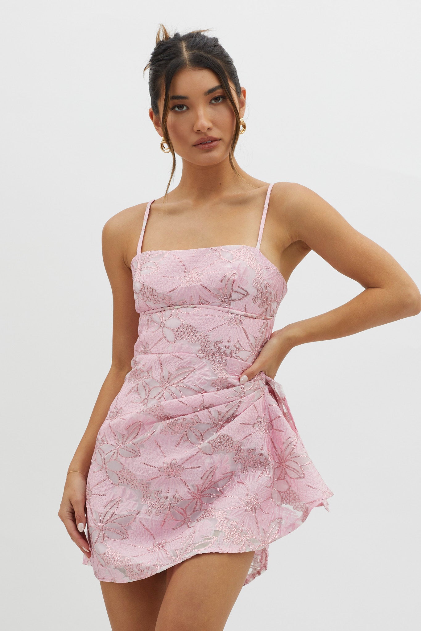 Sterling Gathered Waist Embroidery Mini Dress Pink by Selfie Leslie Australia
