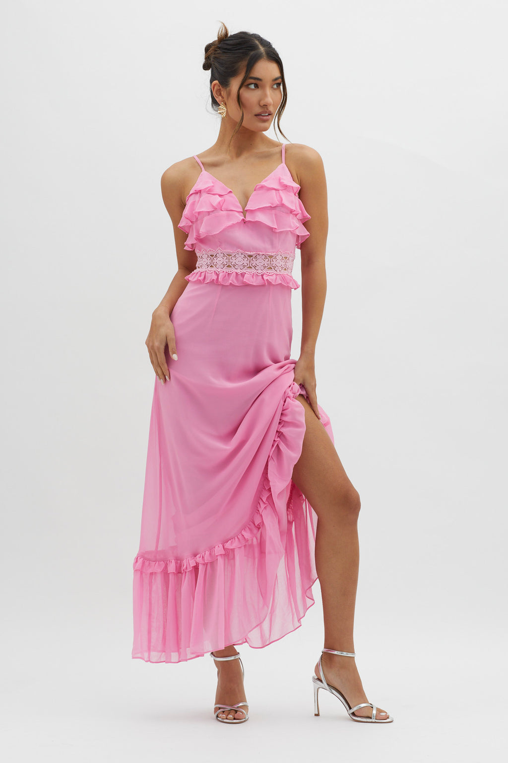 Spirited Ruffle Bust Maxi Dress Pink by Selfie Leslie Australia