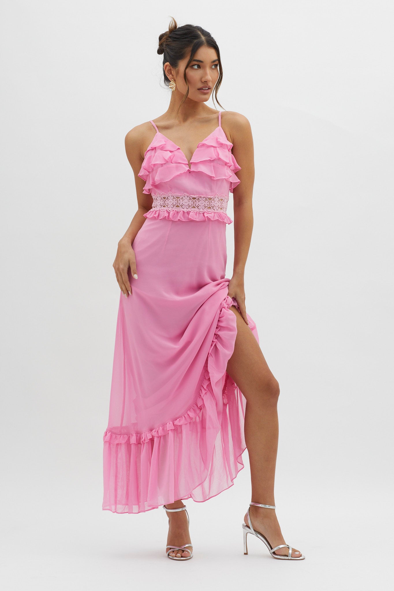 Spirited Ruffle Bust Maxi Dress Pink by Selfie Leslie Australia