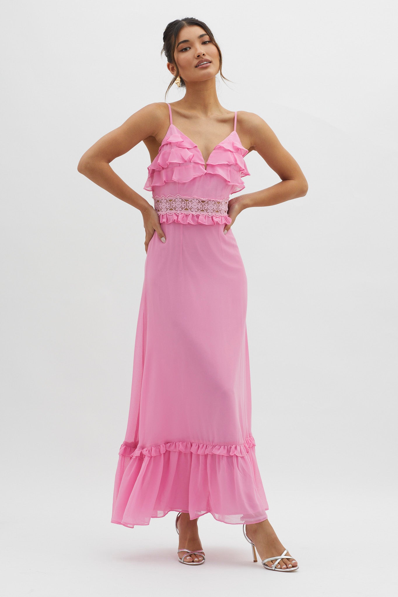 Spirited Ruffle Bust Maxi Dress Pink by Selfie Leslie Australia