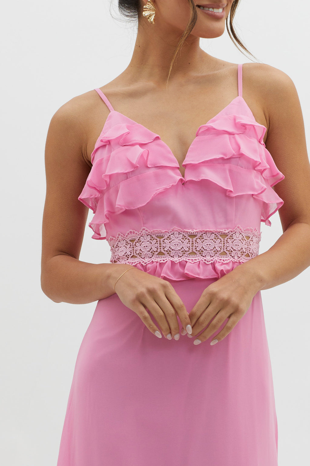 Spirited Ruffle Bust Maxi Dress Pink by Selfie Leslie Australia
