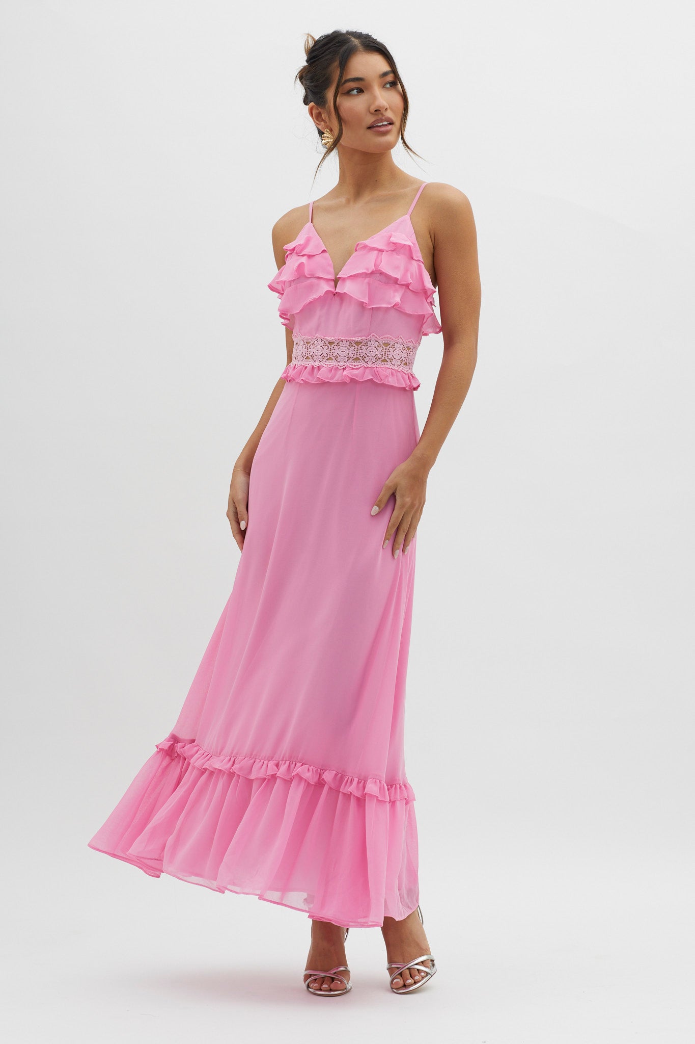 Spirited Ruffle Bust Maxi Dress Pink by Selfie Leslie Australia