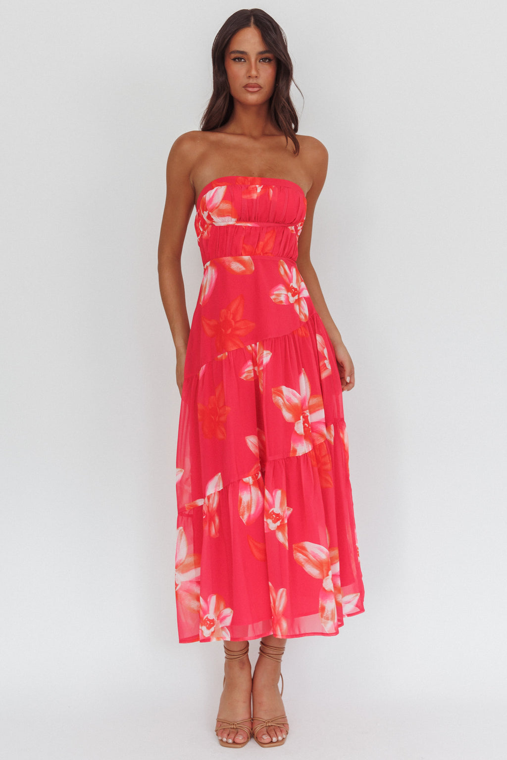 South Pacific Strapless Strappy Back Midi Length Floral Pink by Selfie Leslie Australia
