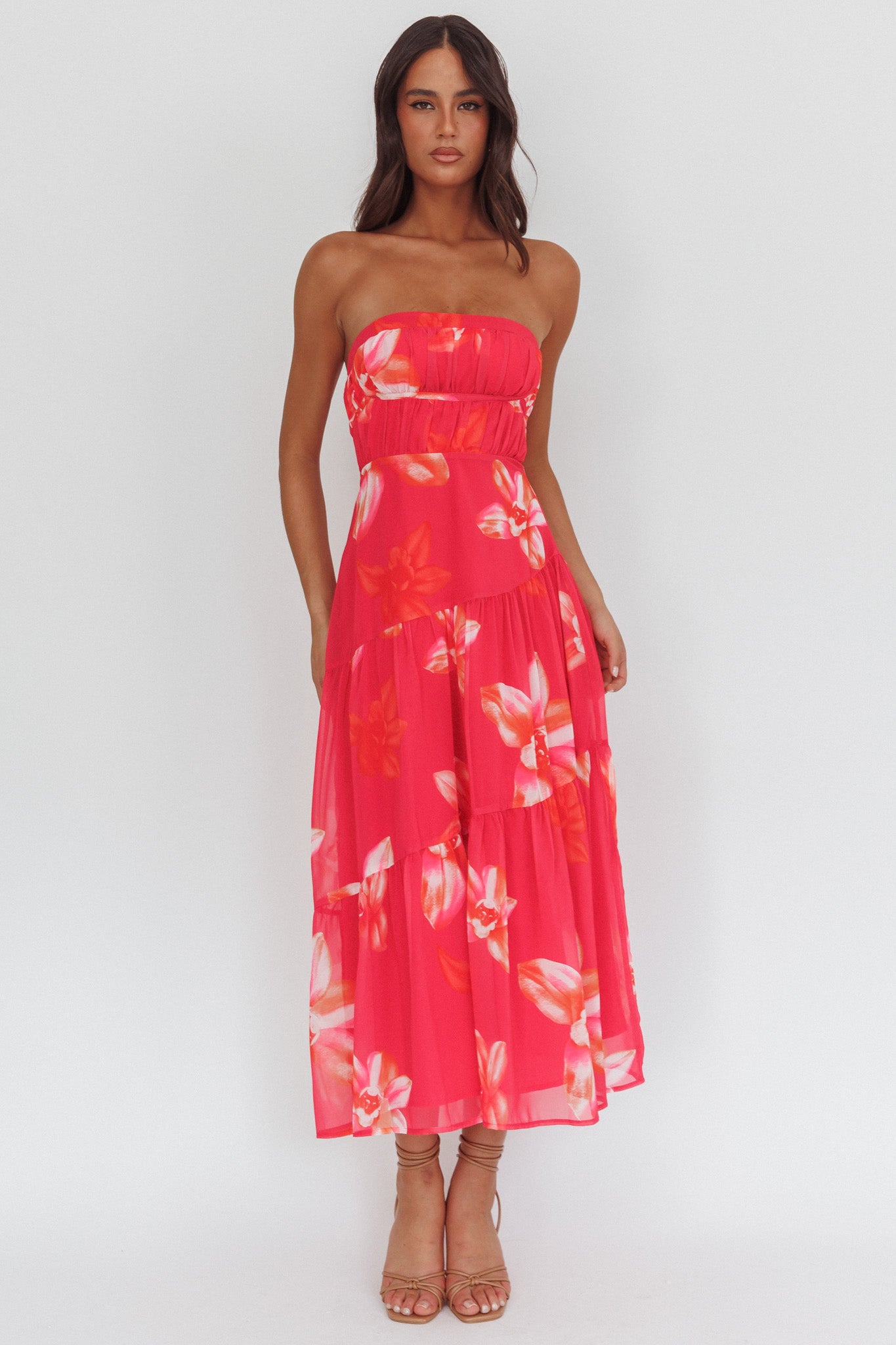 South Pacific Strapless Strappy Back Midi Length Floral Pink by Selfie Leslie Australia