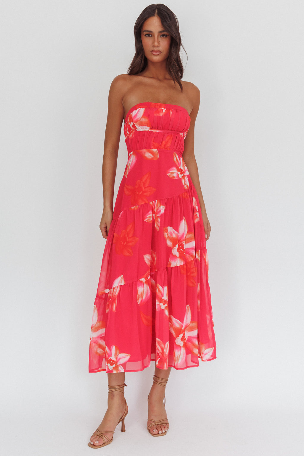 South Pacific Strapless Strappy Back Midi Length Floral Pink by Selfie Leslie Australia