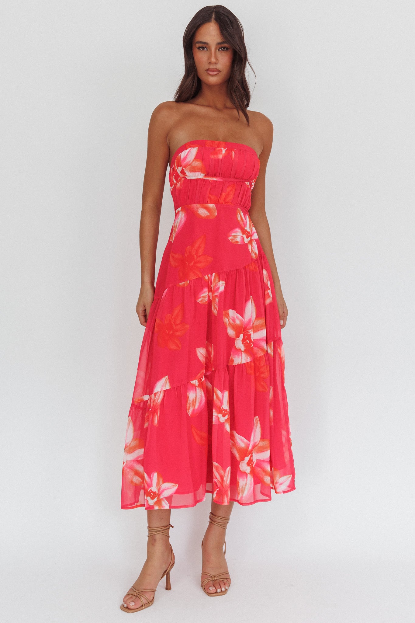 South Pacific Strapless Strappy Back Midi Length Floral Pink by Selfie Leslie Australia