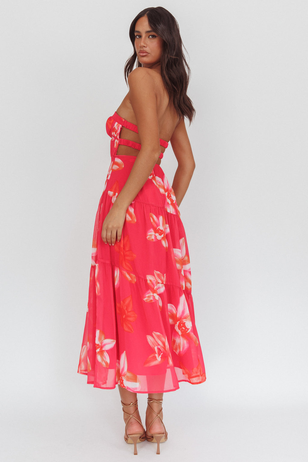 South Pacific Strapless Strappy Back Midi Length Floral Pink by Selfie Leslie Australia