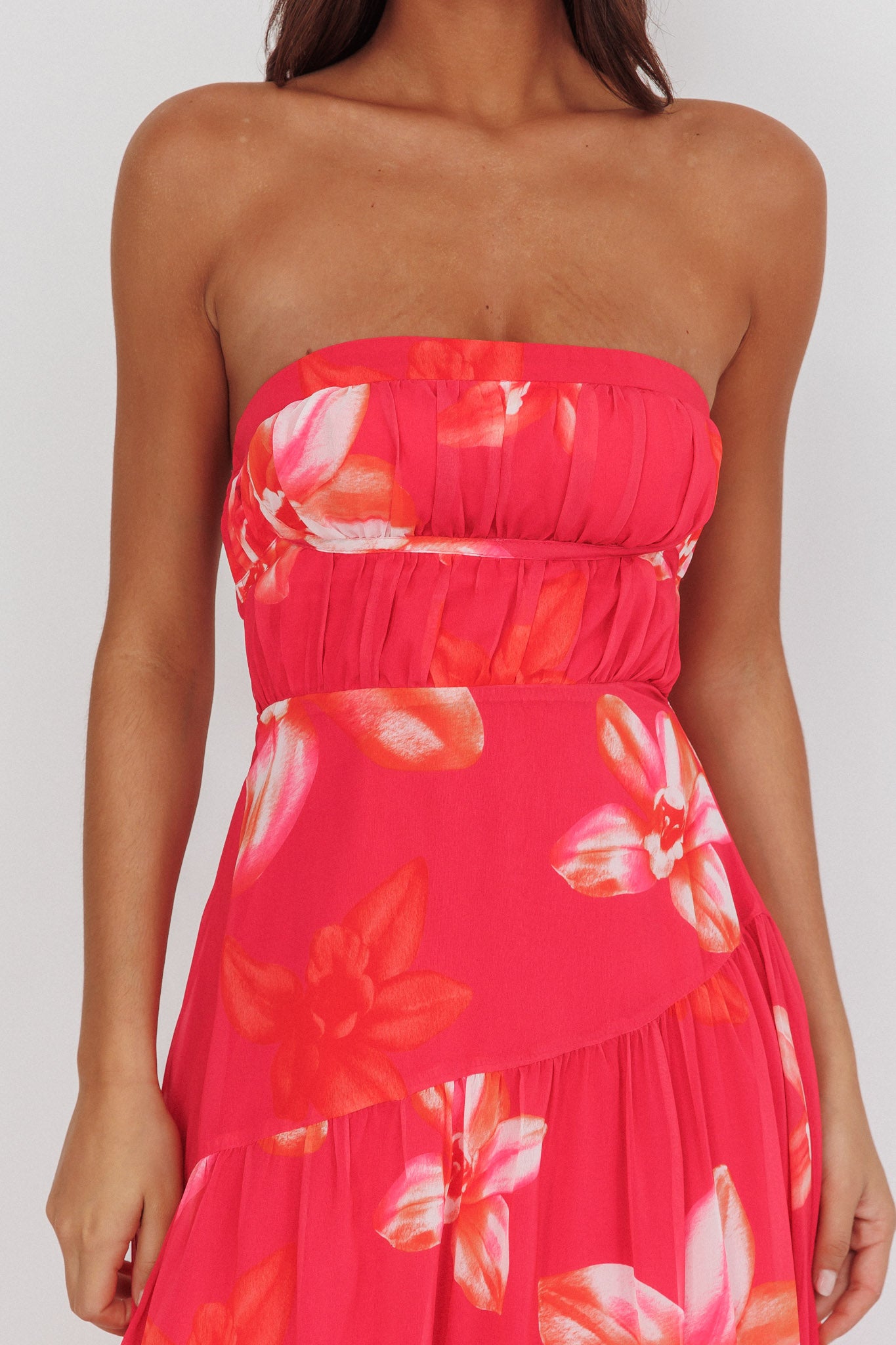 South Pacific Strapless Strappy Back Midi Length Floral Pink by Selfie Leslie Australia