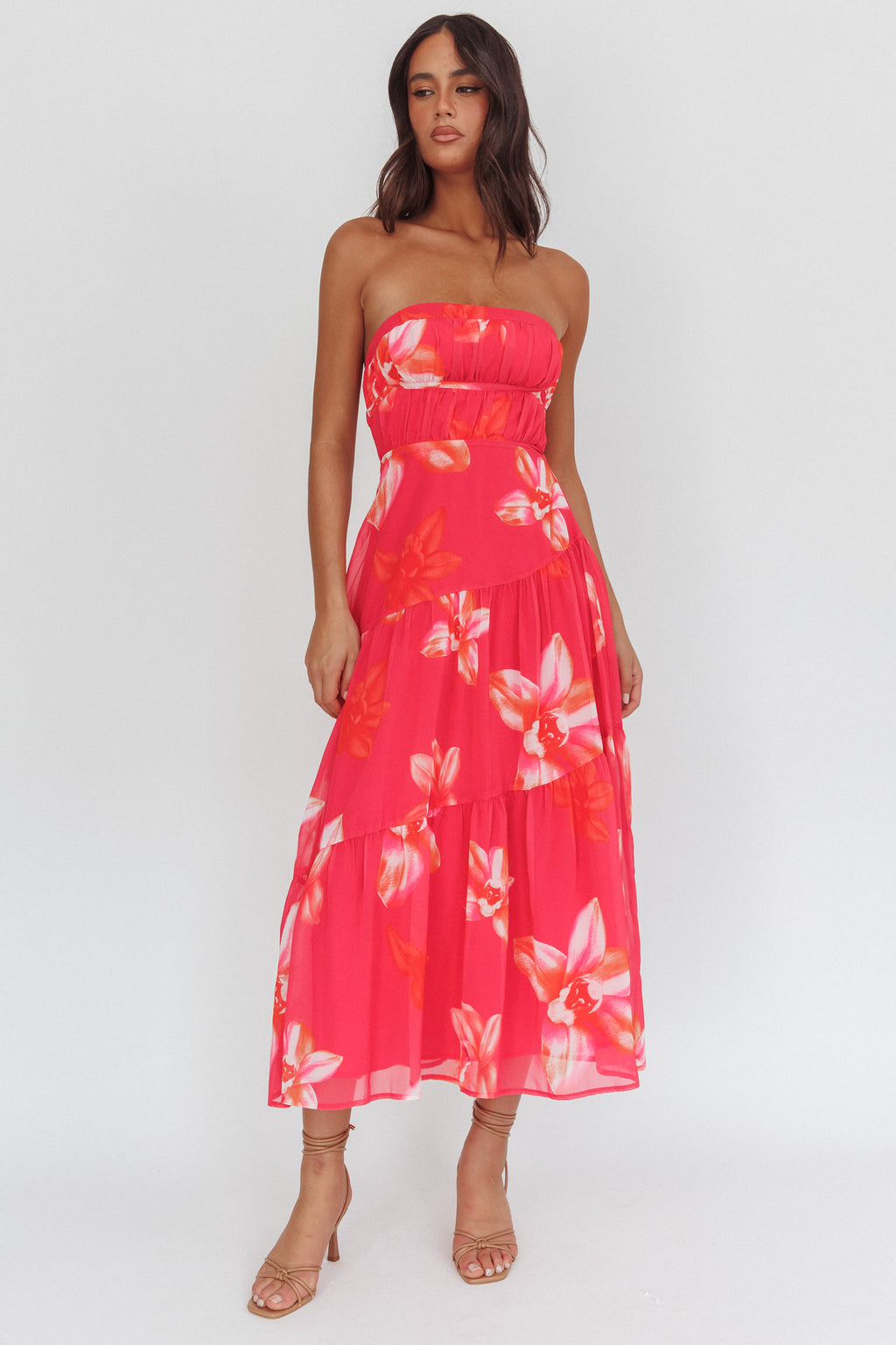 South Pacific Strapless Strappy Back Midi Length Floral Pink by Selfie Leslie Australia