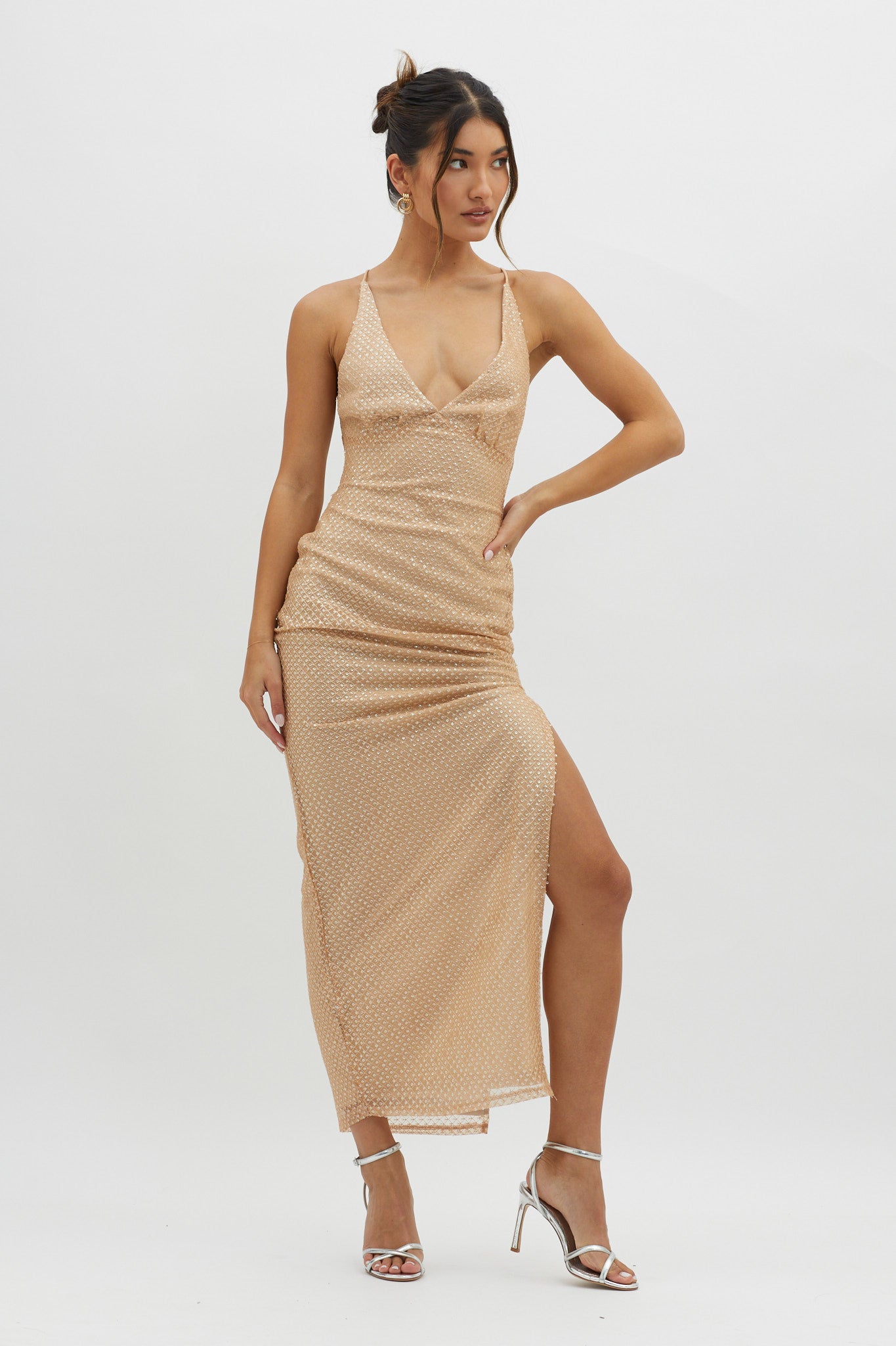 Alysia Plunging Halterneck Maxi Dress Champagne by Selfie Leslie Australia