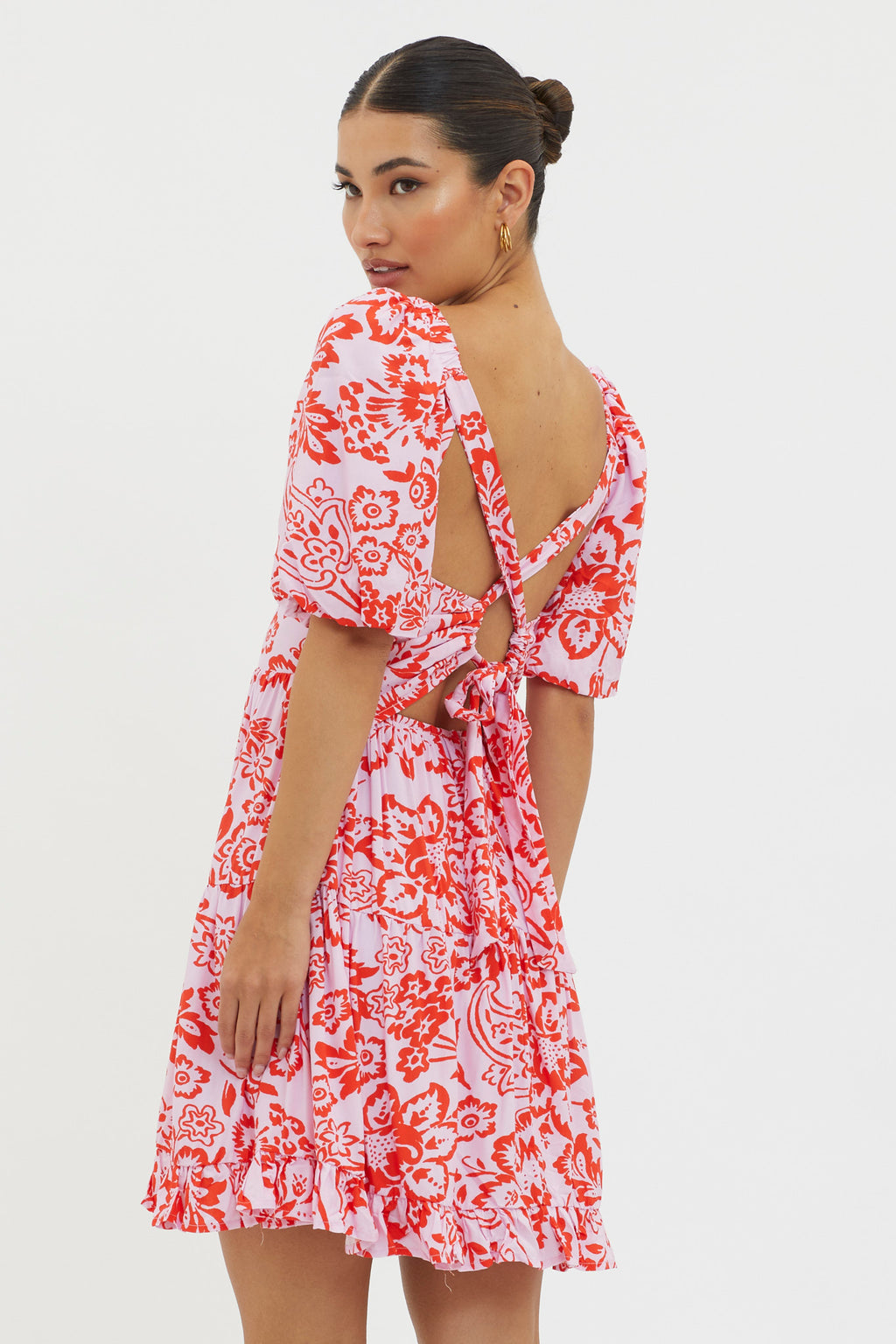 Madrid Summer Tied Back Mini Dress Print Lilac by Selfie Leslie Australia