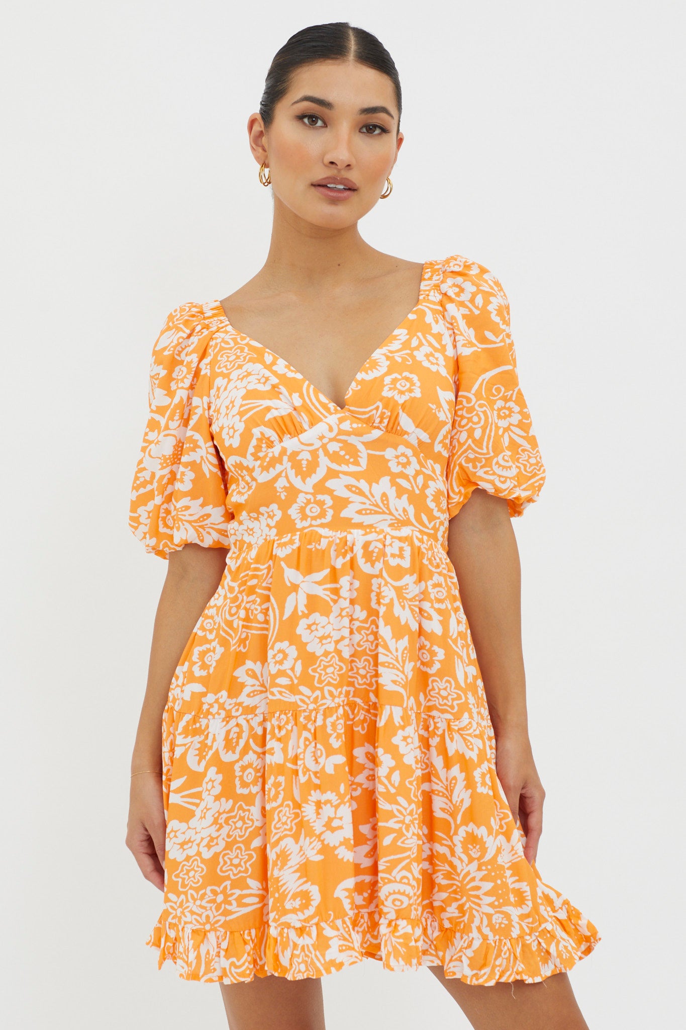 Madrid Summer Tied Back Mini Dress Print Orange by Selfie Leslie Australia