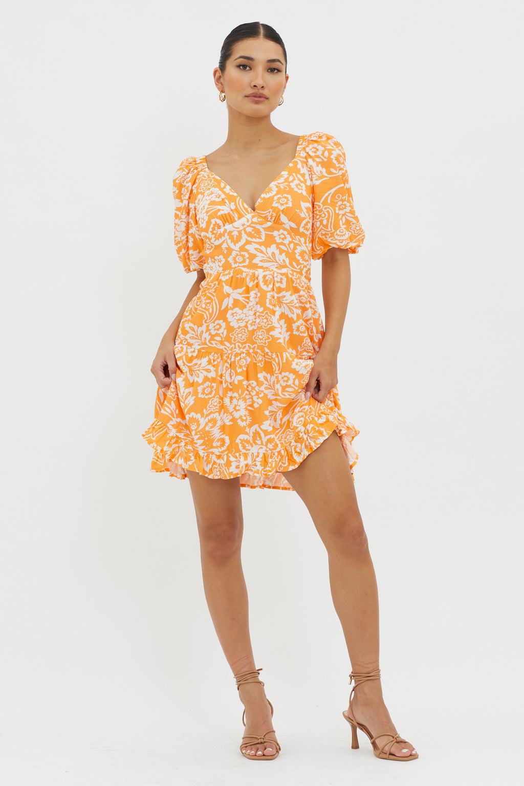 Madrid Summer Tied Back Mini Dress Print Orange by Selfie Leslie Australia