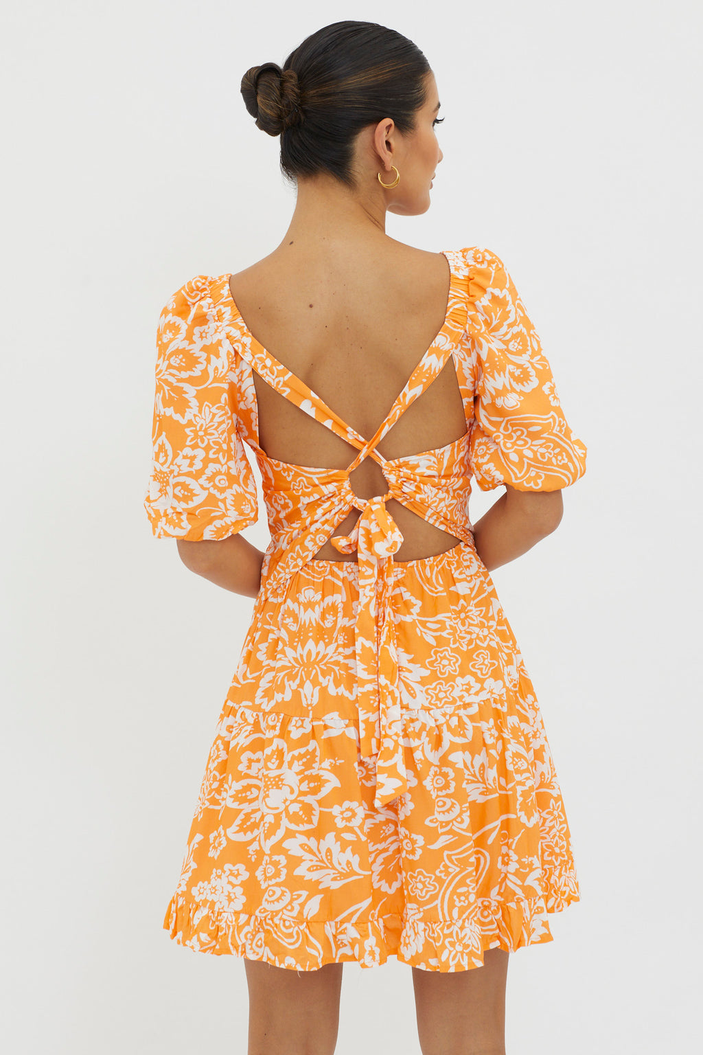 Madrid Summer Tied Back Mini Dress Print Orange by Selfie Leslie Australia