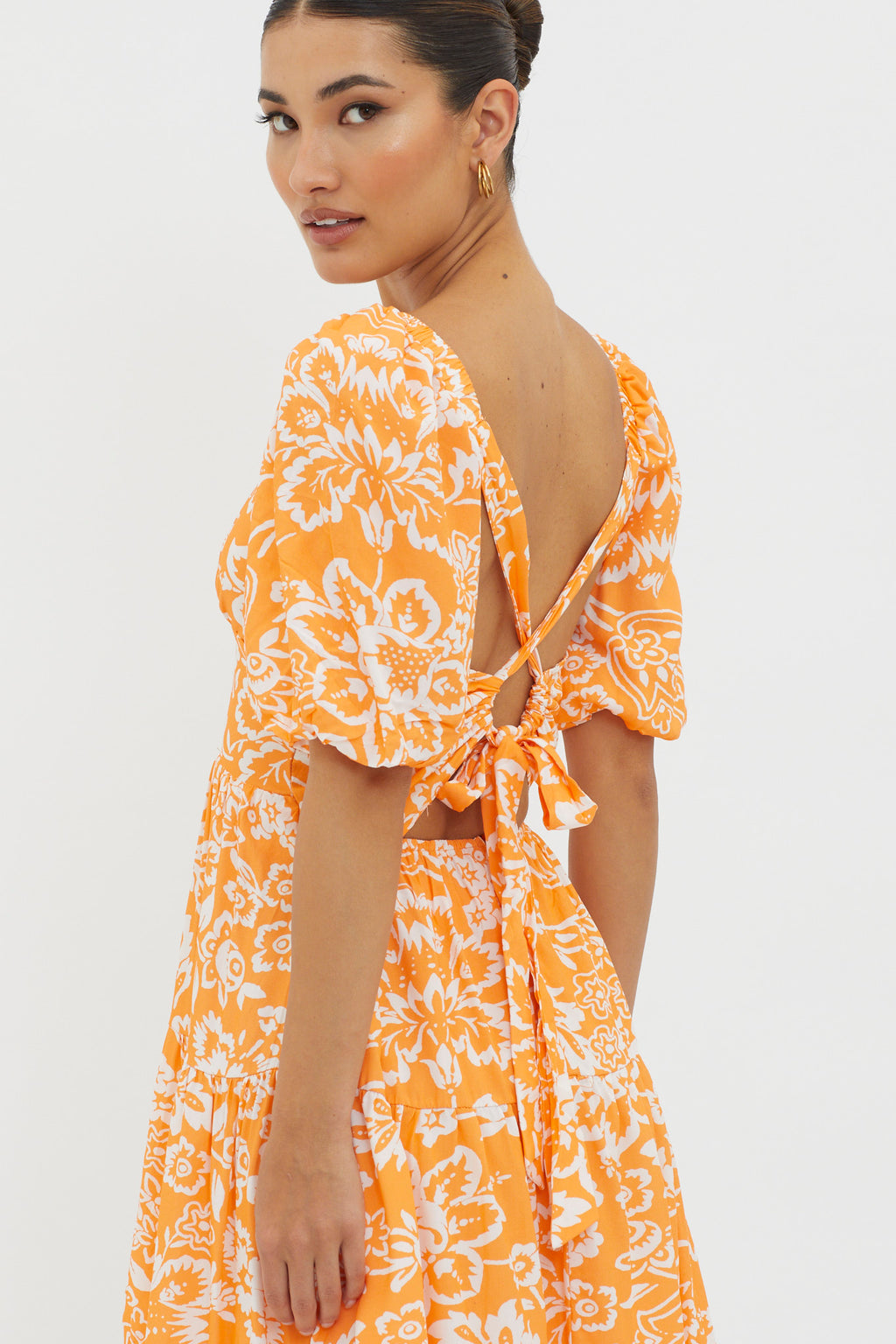 Madrid Summer Tied Back Mini Dress Print Orange by Selfie Leslie Australia