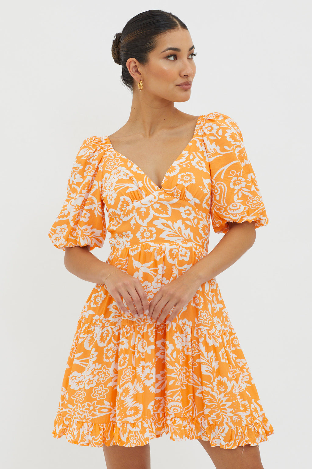 Madrid Summer Tied Back Mini Dress Print Orange by Selfie Leslie Australia