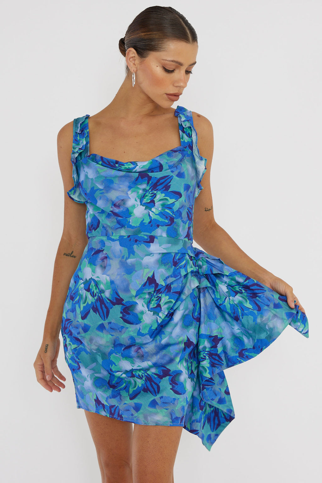 Heart Beat Ruffle Trim Mini Dress Blue by Selfie Leslie Australia