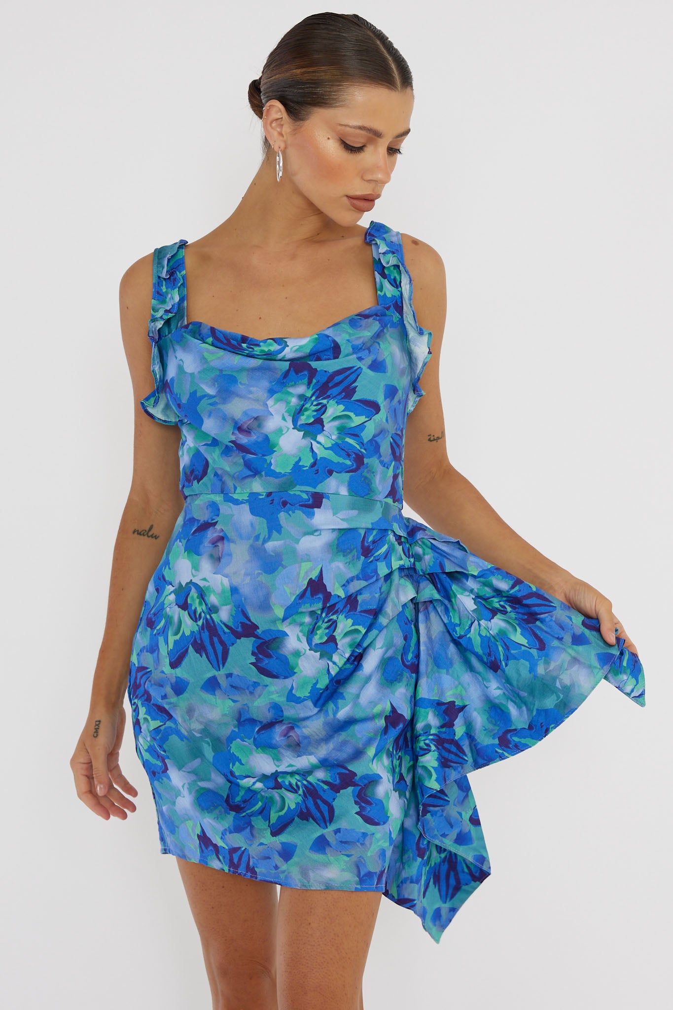 Heart Beat Ruffle Trim Mini Dress Blue by Selfie Leslie Australia